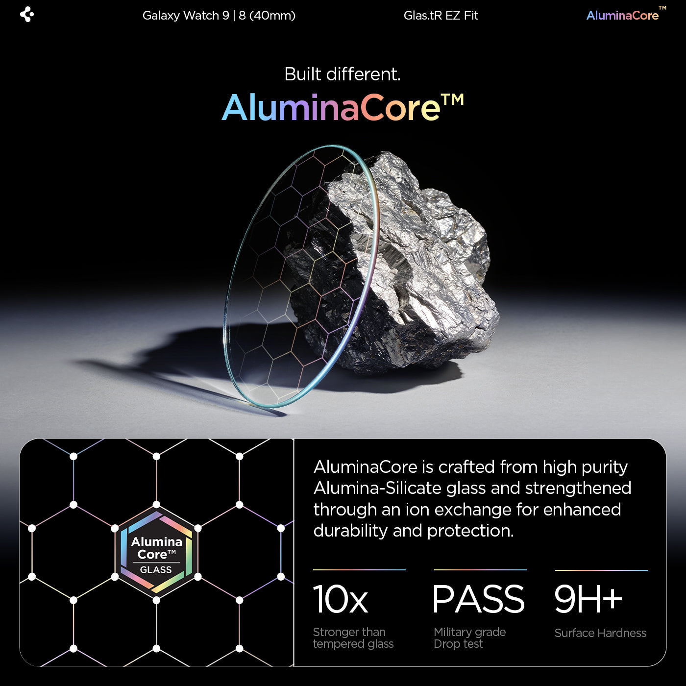 AGL09874 - Galaxy Watch 9 (40mm) GLAS.tR EZ Fit showing the AluminaCore glass compared to a rock, highlighting its hardness and durability