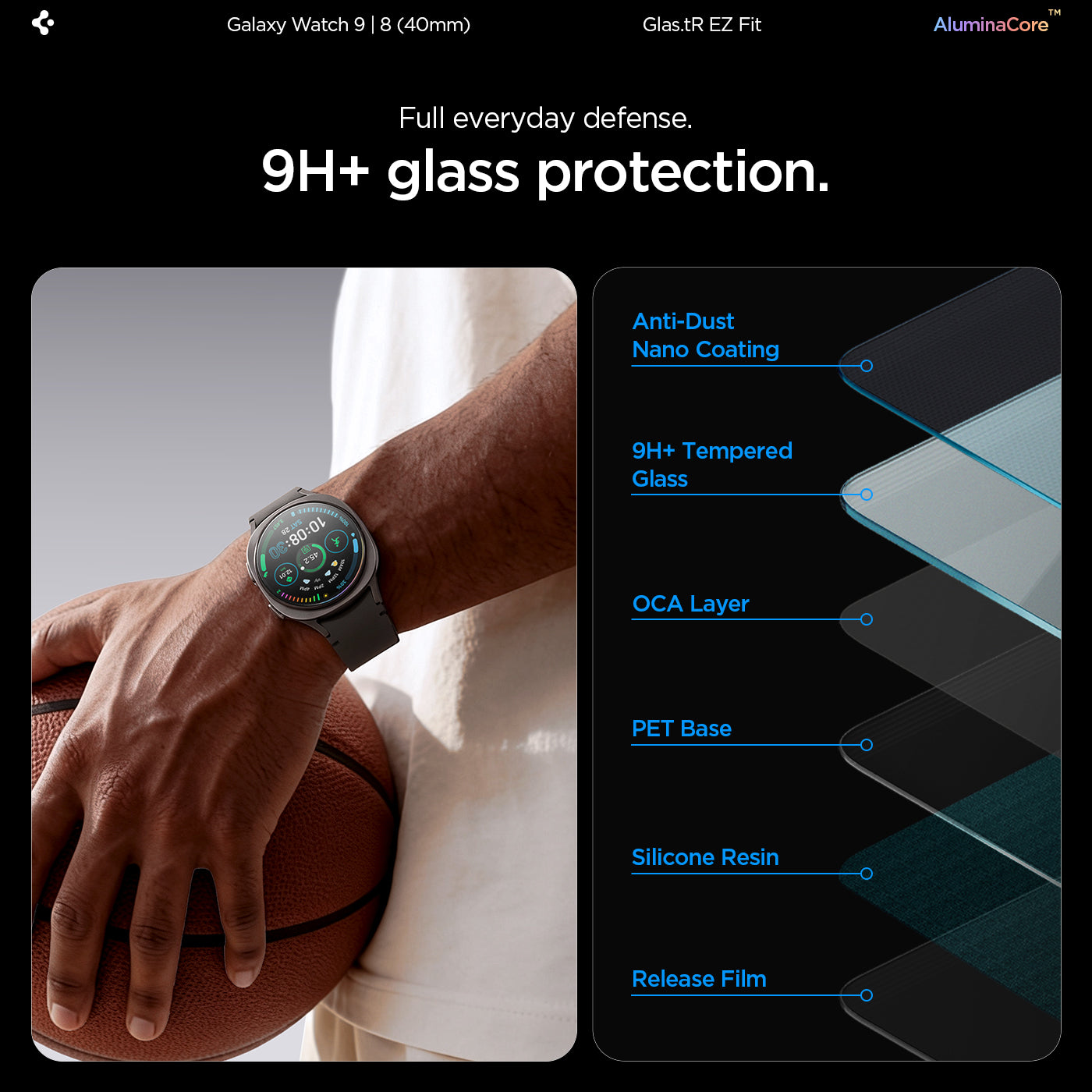 AGL09874 - Galaxy Watch 9 (40mm) GLAS.tR EZ Fit showing a diagram of the glass's protective layers next to a person holding a basketball