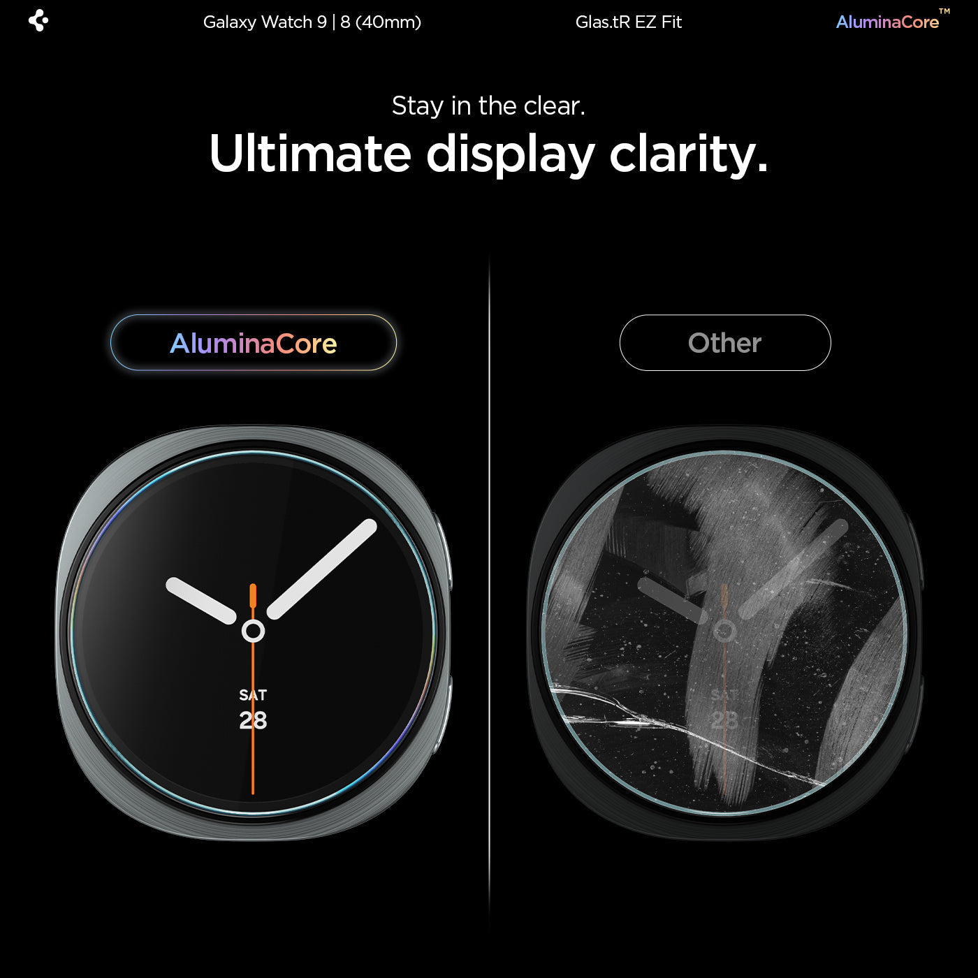 AGL09874 - Galaxy Watch 9 (40mm) GLAS.tR EZ Fit showing a side-by-side comparison of the glass's clarity against a cracked watch face