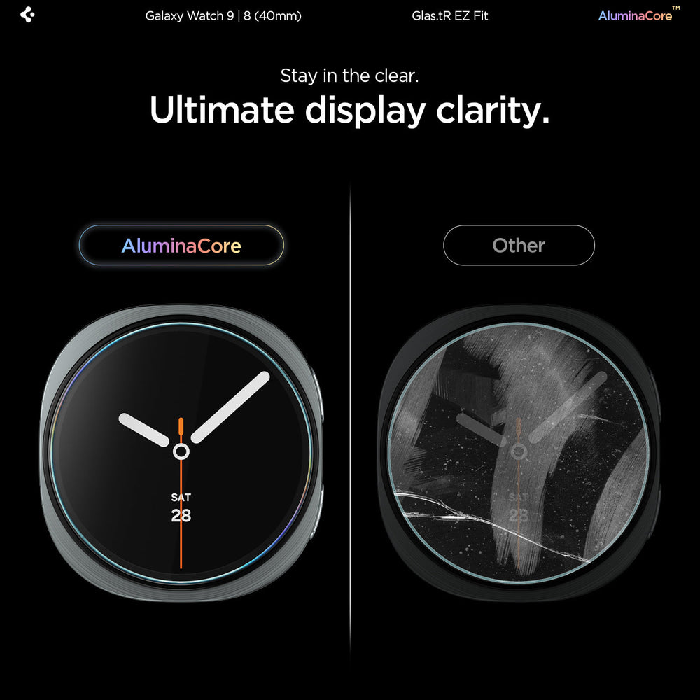 AGL09874 - Galaxy Watch 9 (40mm) GLAS.tR EZ Fit showing a side-by-side comparison of the glass's clarity against a cracked watch face