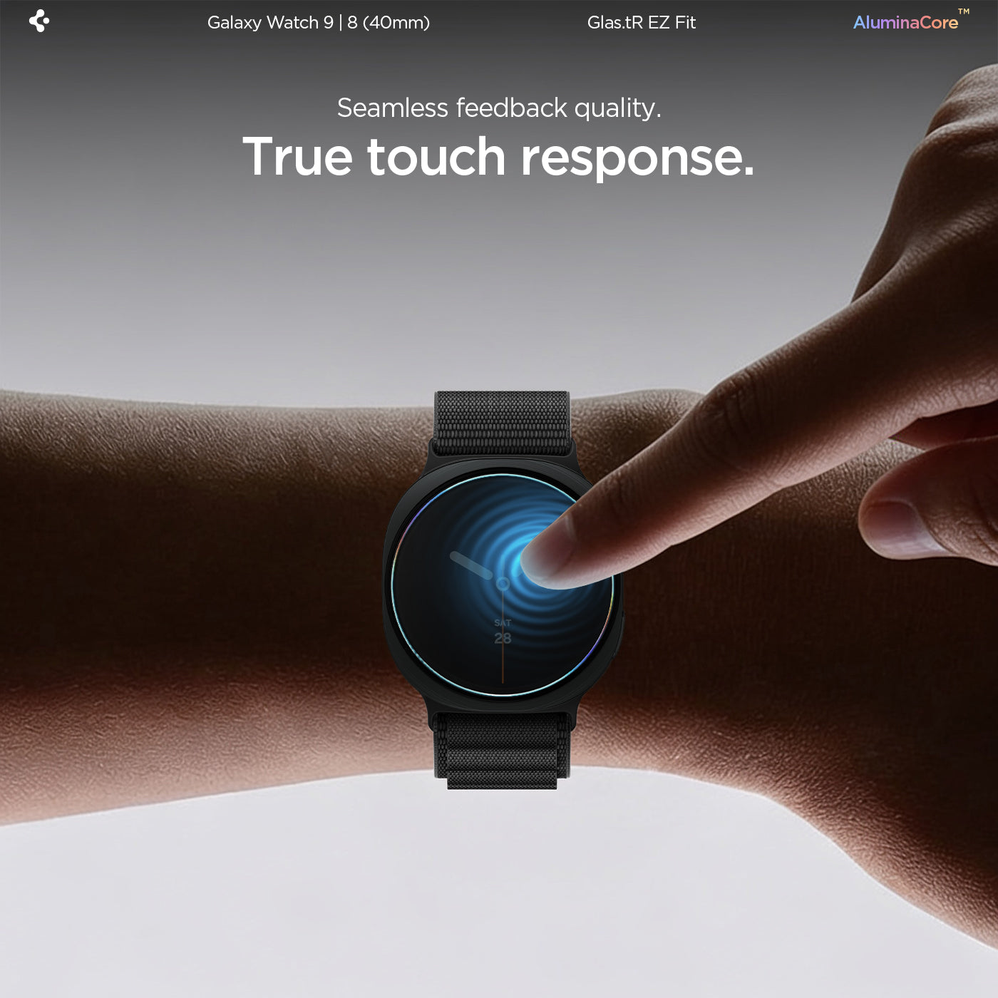 AGL09874 - Galaxy Watch 9 (40mm) GLAS.tR EZ Fit showing a finger tapping the Galaxy Watch 9 (40mm)'s face to demonstrate true touch responsiveness