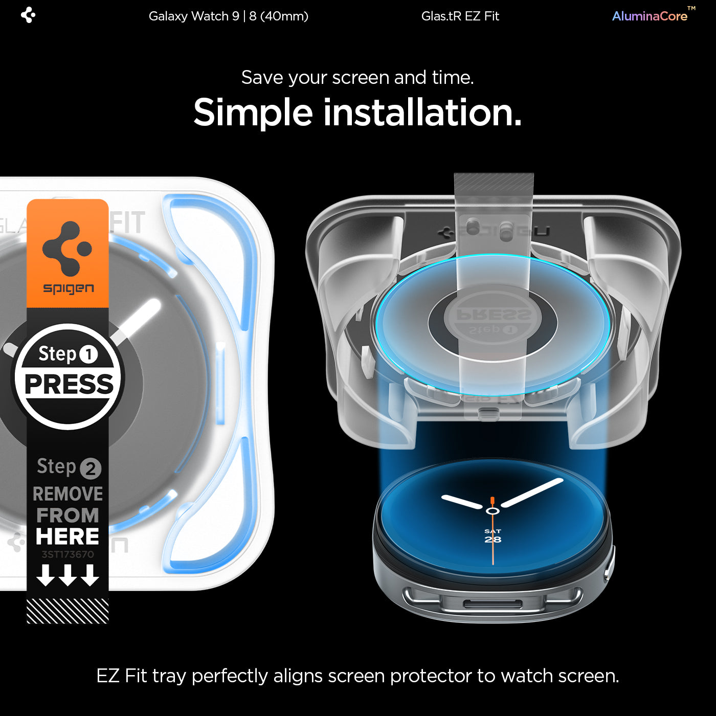AGL09874 - Galaxy Watch 9 (40mm) GLAS.tR EZ Fit showing the tray being pressed and removed to align the glass onto the Galaxy Watch 9 (40mm)