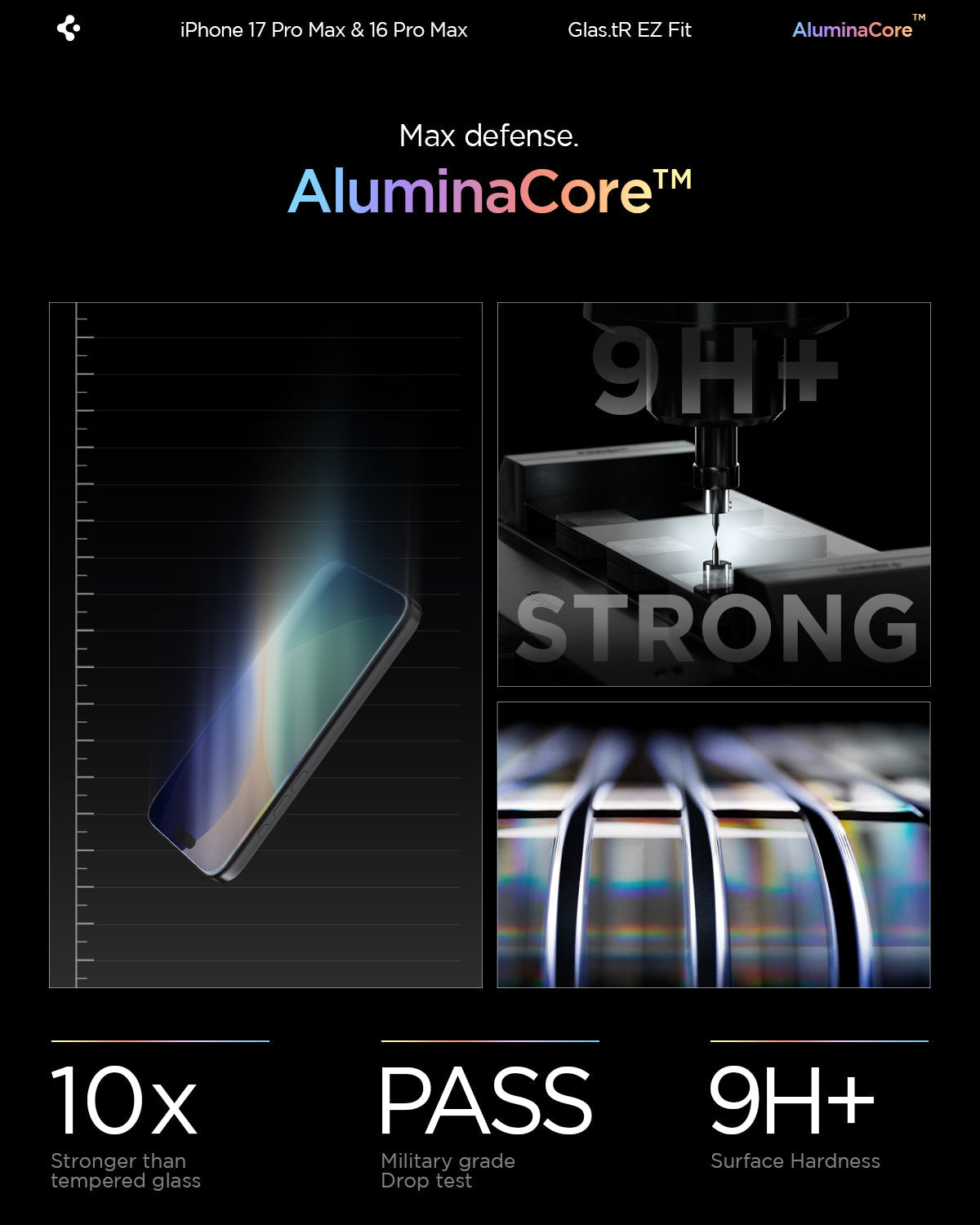 AGL07907 - iPhone 17 Pro Max GLAS.tR EZ Fit | Sensor Protected showing the max defense with aluminacore