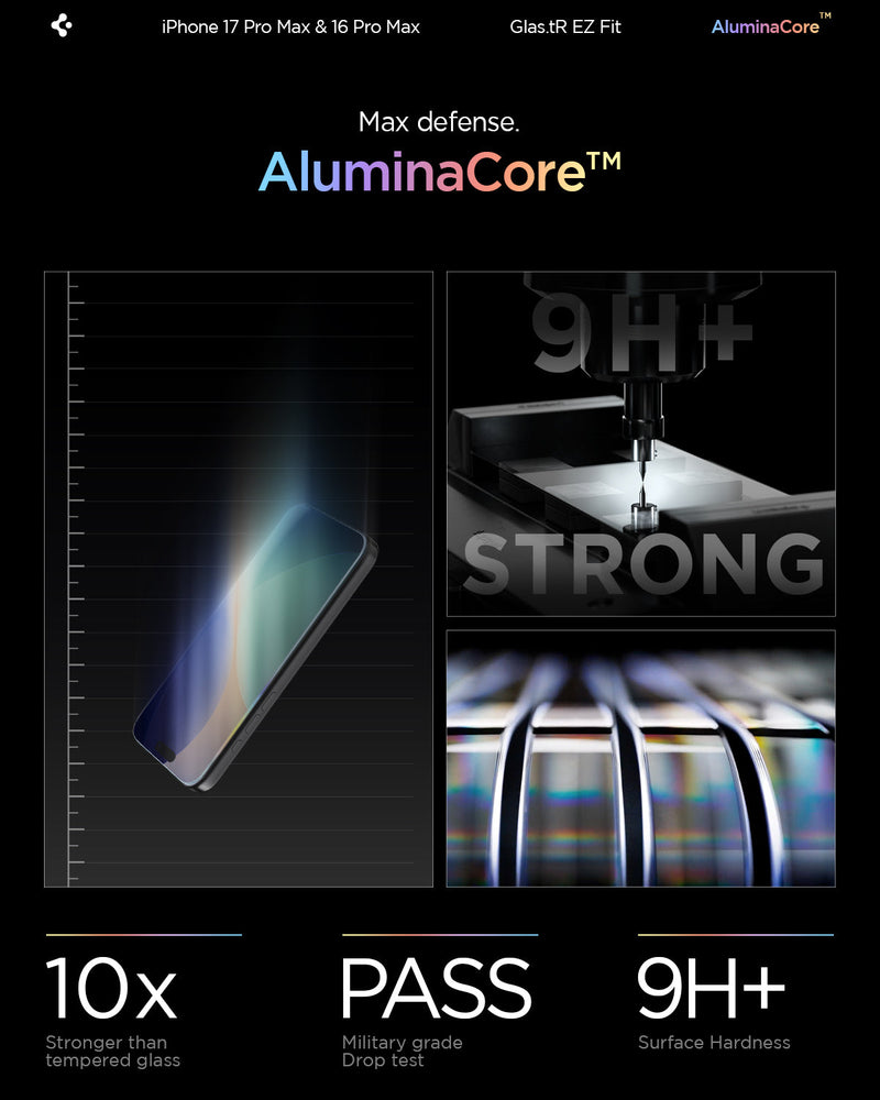 AGL07907 - iPhone 17 Pro Max GLAS.tR EZ Fit | Sensor Protected showing the max defense with aluminacore