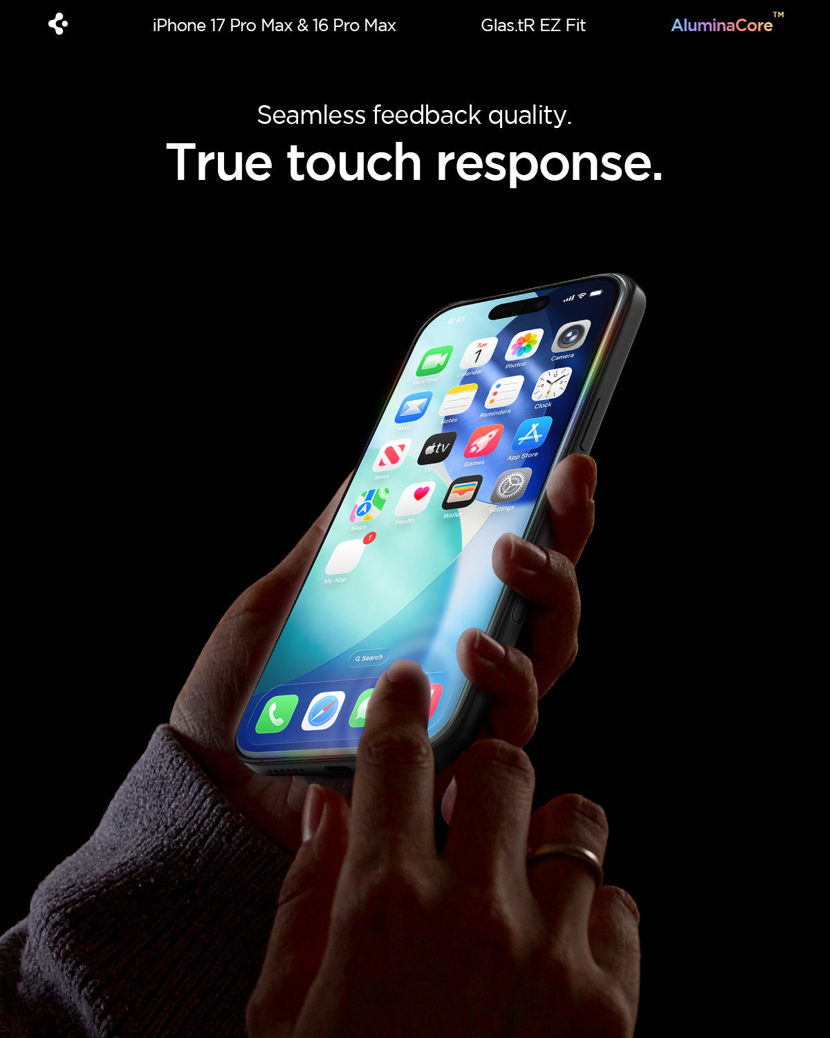 AGL07907 - iPhone 17 Pro Max GLAS.tR EZ Fit | Sensor Protected showing the seamless feedback quality with true touch response.