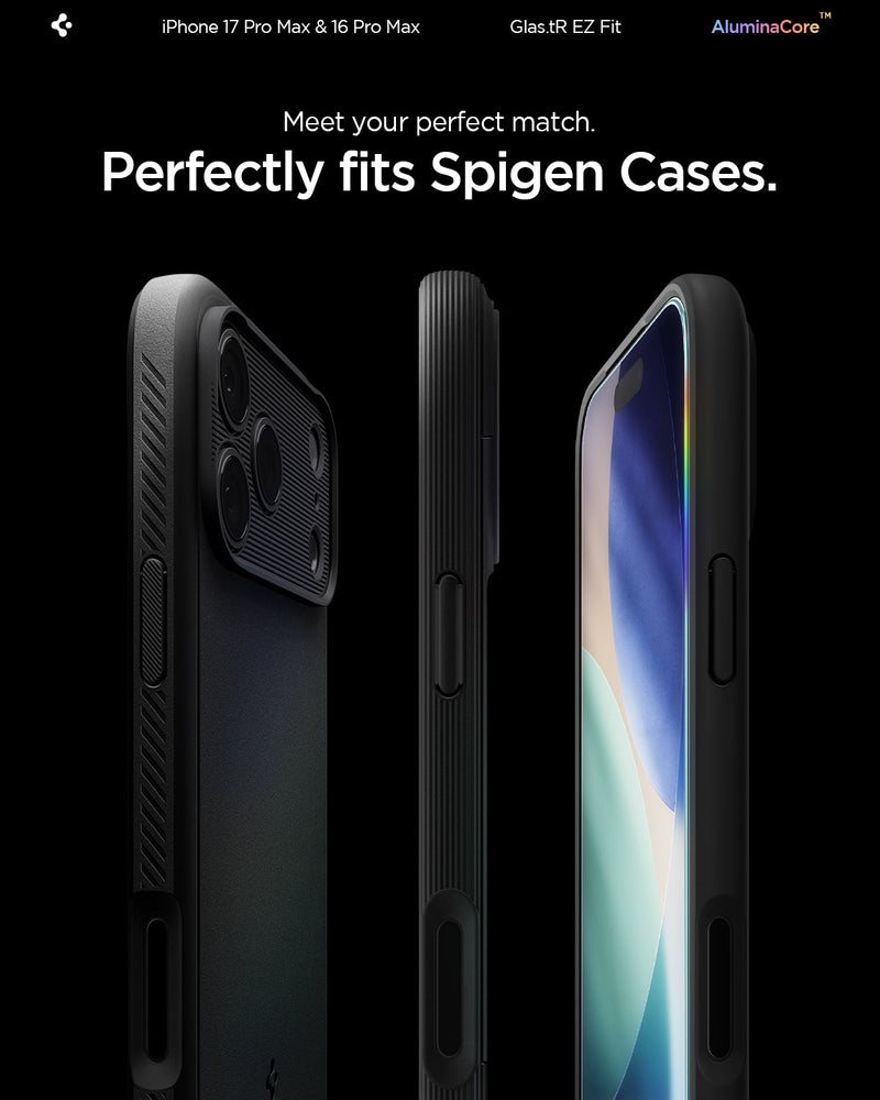 AGL07907 - iPhone 17 Pro Max GLAS.tR EZ Fit | Sensor Protected showing meet your perfect match. Perfectly fits spigen cases.