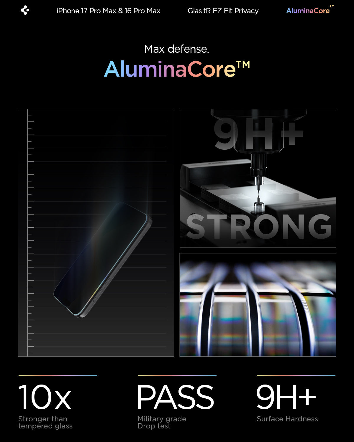 AGL07908 - iPhone 17 Pro Max GLAS.tR EZ Fit Privacy showing the max defense with aluminacore