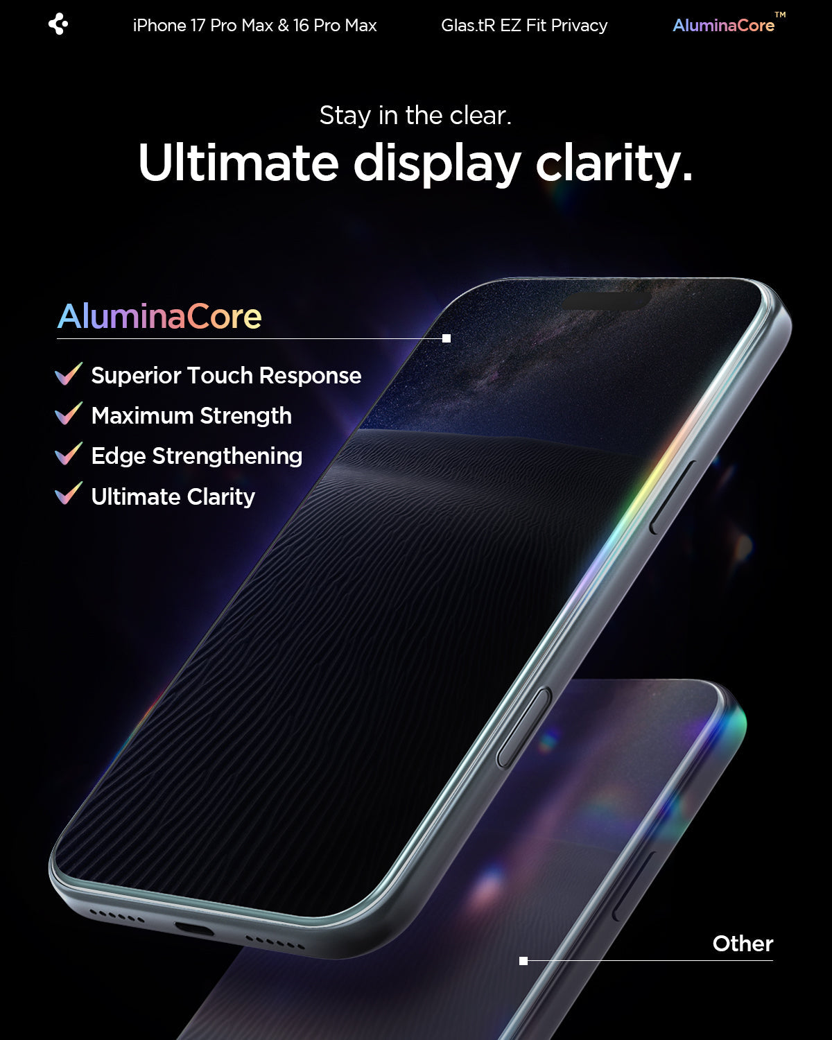 AGL07908 - iPhone 17 Pro Max GLAS.tR EZ Fit Privacy showing the ultimate display clarity. Stay in the clear.