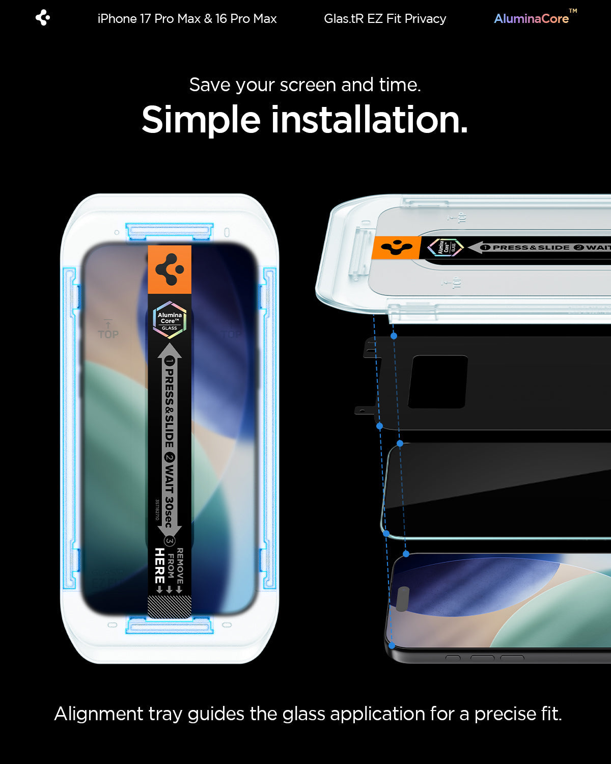 AGL07908 - iPhone 17 Pro Max GLAS.tR EZ Fit Privacy showing the simple installation. Save your screen and time.