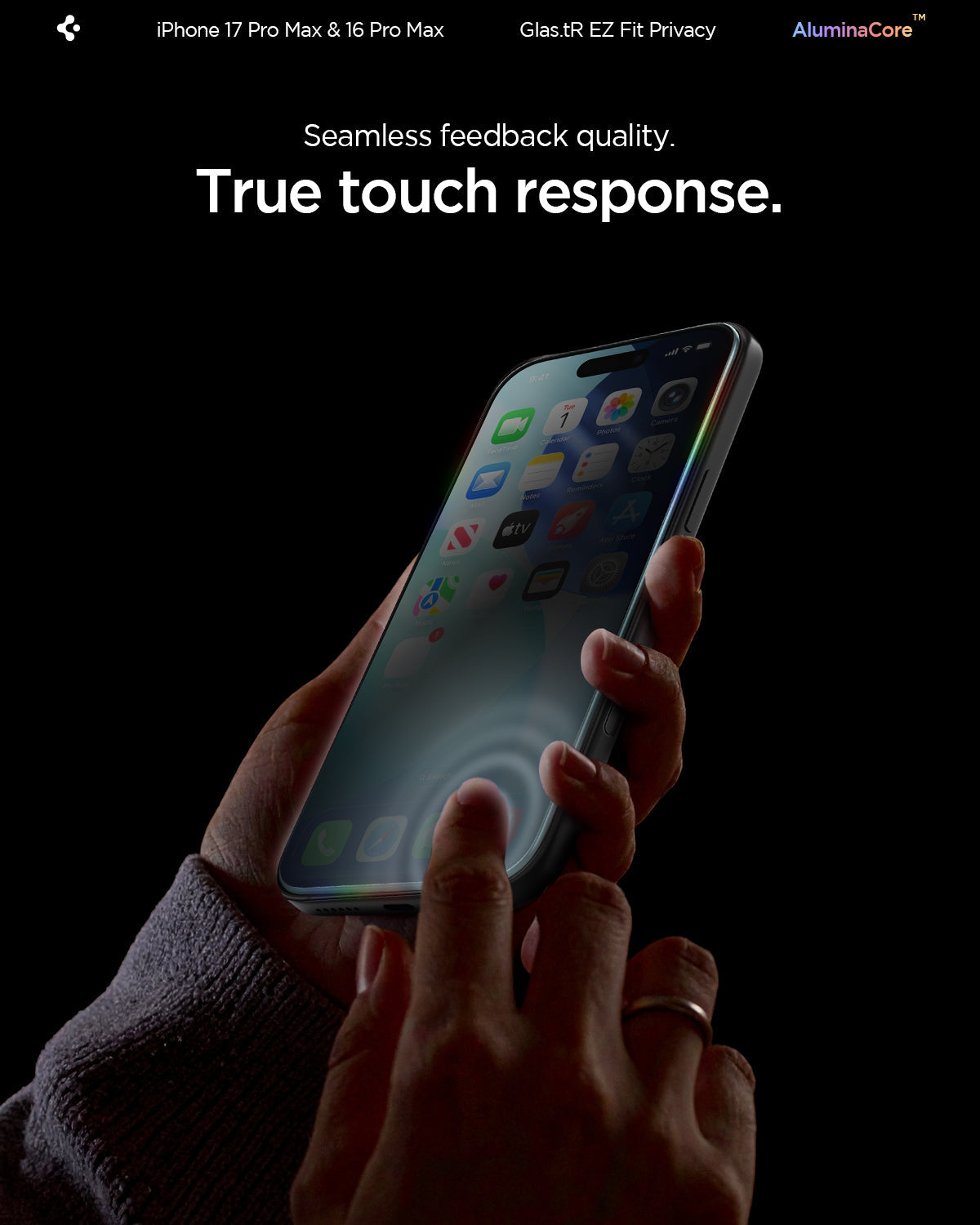 AGL07908 - iPhone 17 Pro Max GLAS.tR EZ Fit Privacy showing the seamless feedback quality with true touch response.
