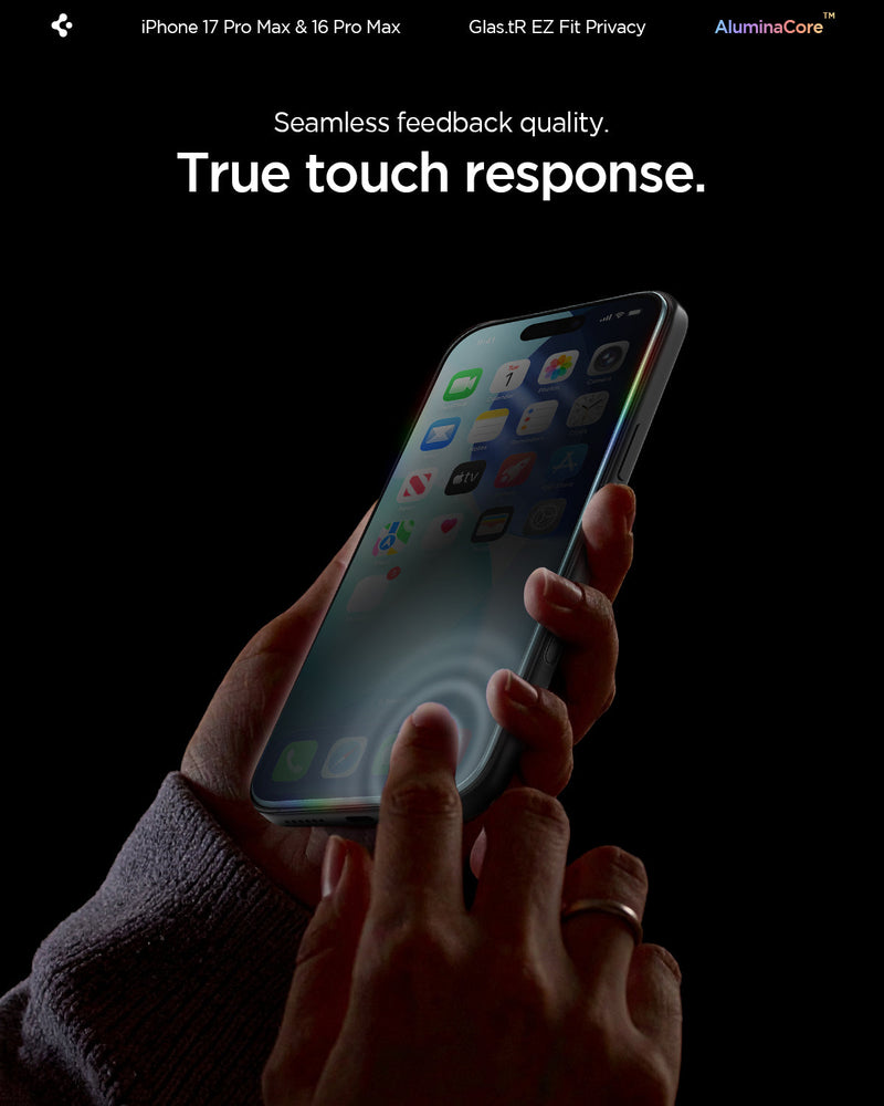 AGL07908 - iPhone 17 Pro Max GLAS.tR EZ Fit Privacy showing the seamless feedback quality with true touch response.