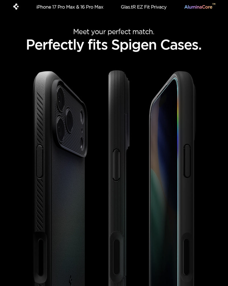 AGL07908 - iPhone 17 Pro Max GLAS.tR EZ Fit Privacy showing meet your perfect match. Perfectly fits spigen cases.