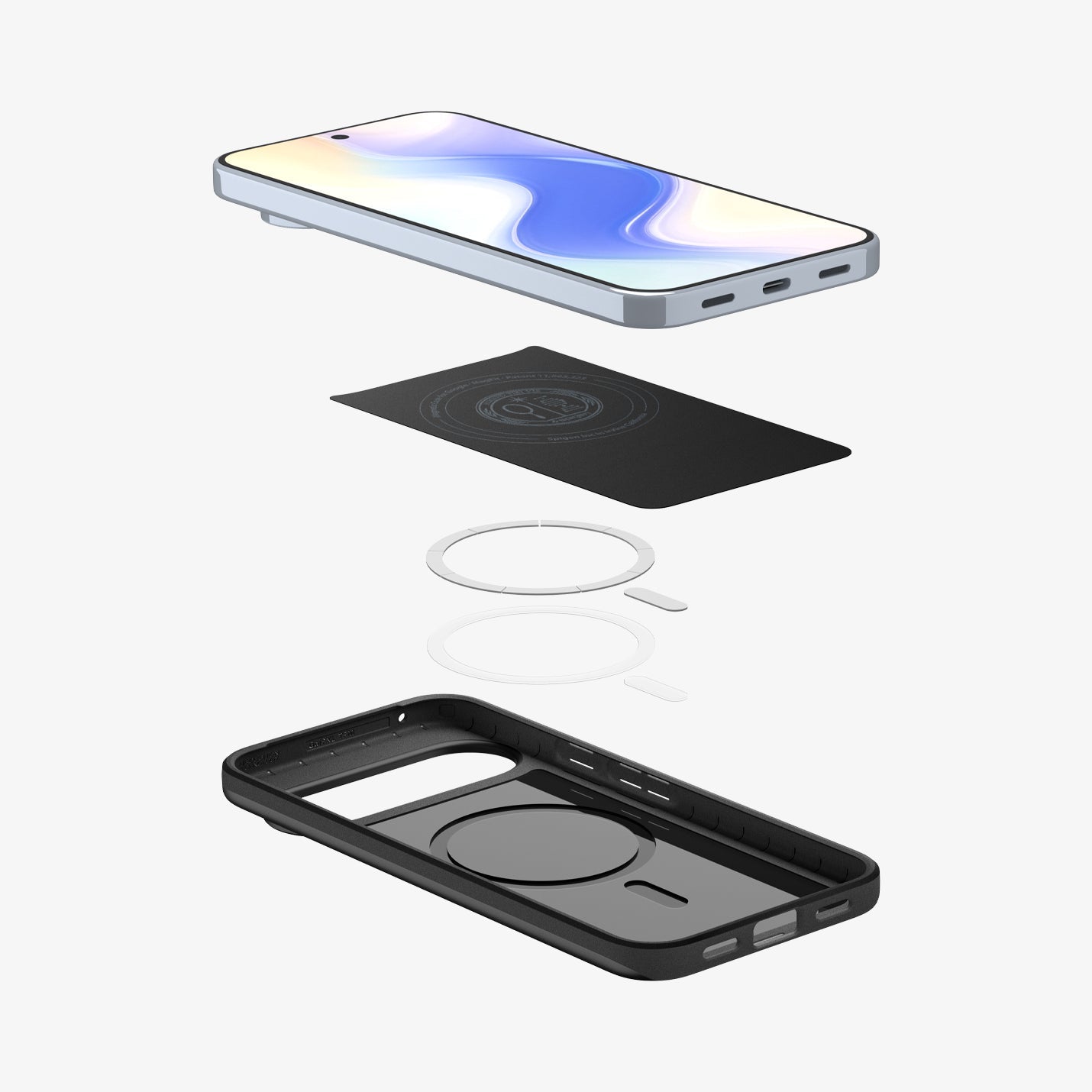 ACS09722 - GajPXL Thin Fit (MagFit) in black showing the multiple layers of case hovering below device