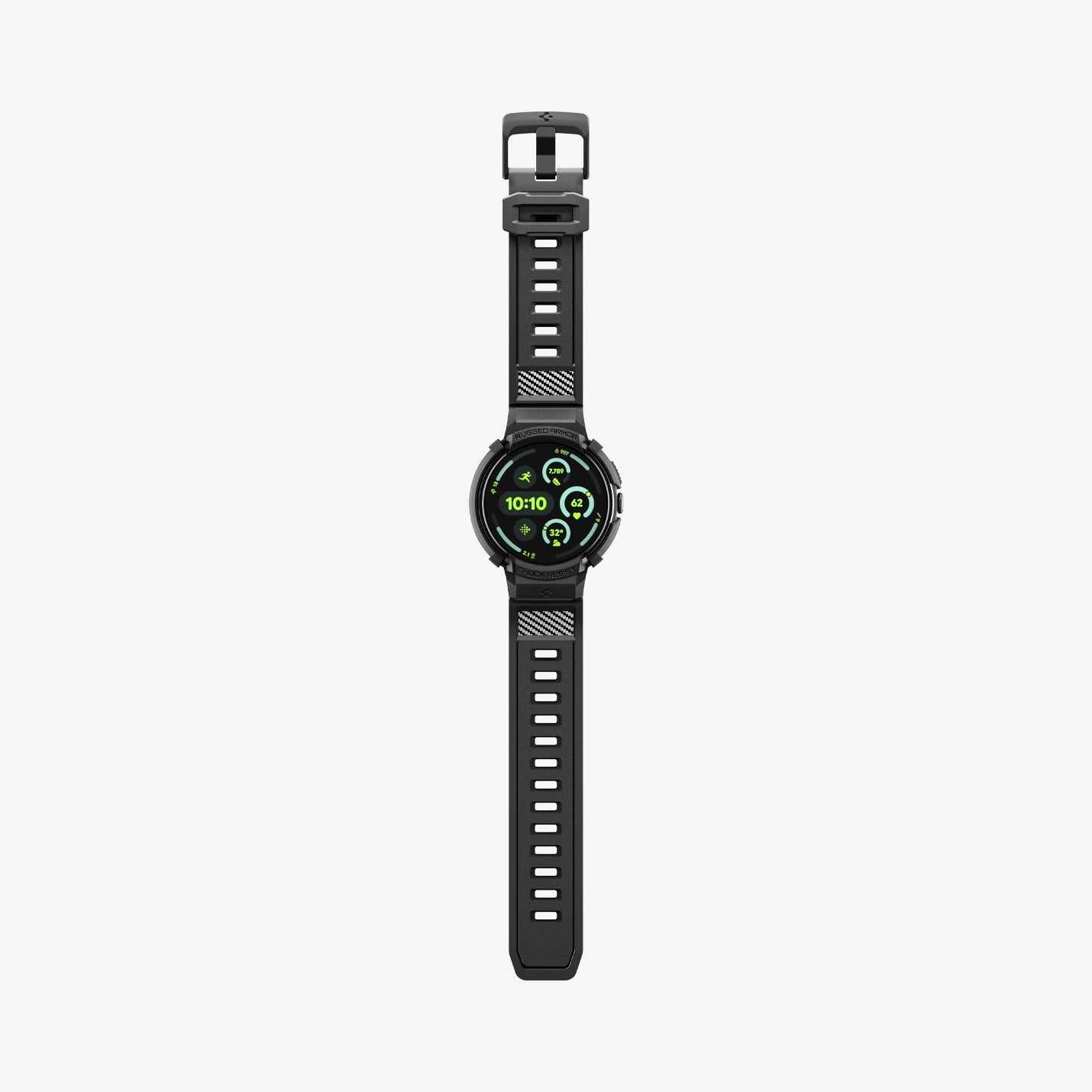 ACS11223 - Pixel Watch 5 (45mm) Rugged Armor Pro Black showing the front with watch band laid out flat