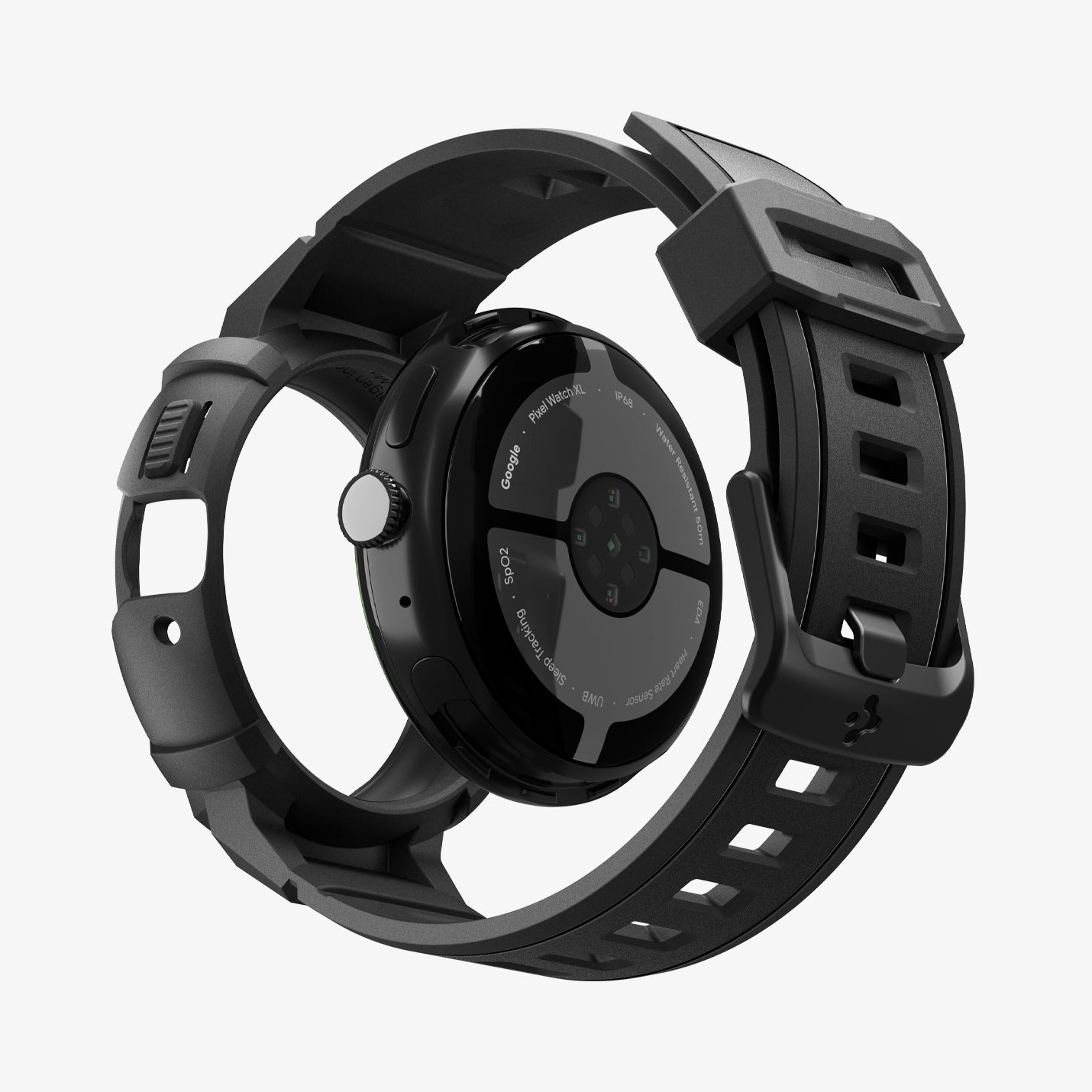 ACS11223 - Pixel Watch 5 (45mm) Rugged Armor Pro Black showing the back with watch face hovering away from band