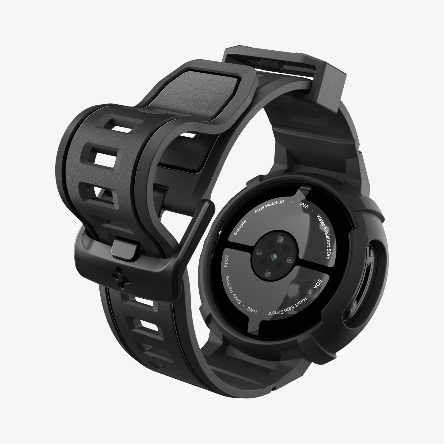 ACS11223 - Pixel Watch 5 (45mm) Rugged Armor Pro Black showing the back with strap slightly bending