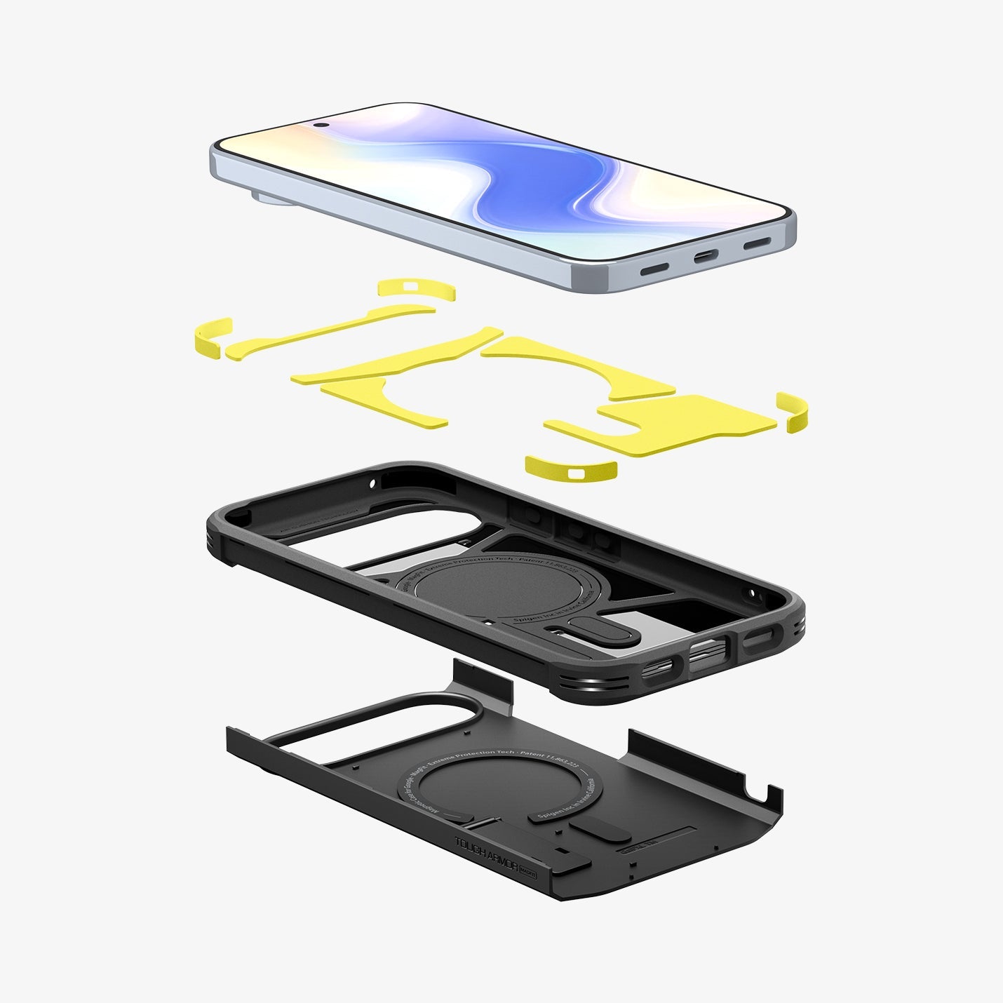 ACS09728 - Pixel 10 Pro XL Tough Armor AI (MagFit) in black showing the multiple layers of case hovering below device