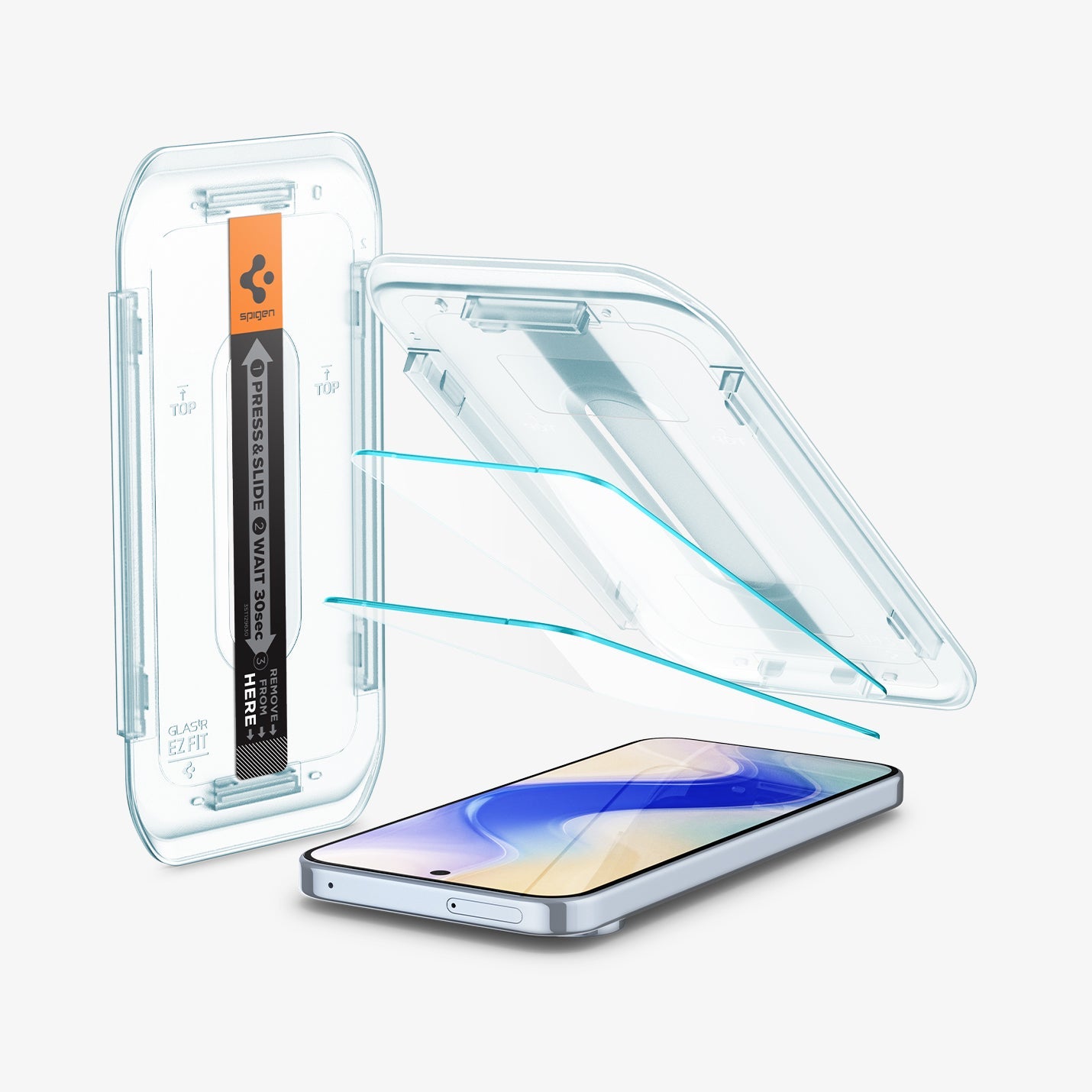 AGL08445 - GajPXL GLAS.tR EZ Fit Screen Protector showing the device, screen protector, ez fit tray