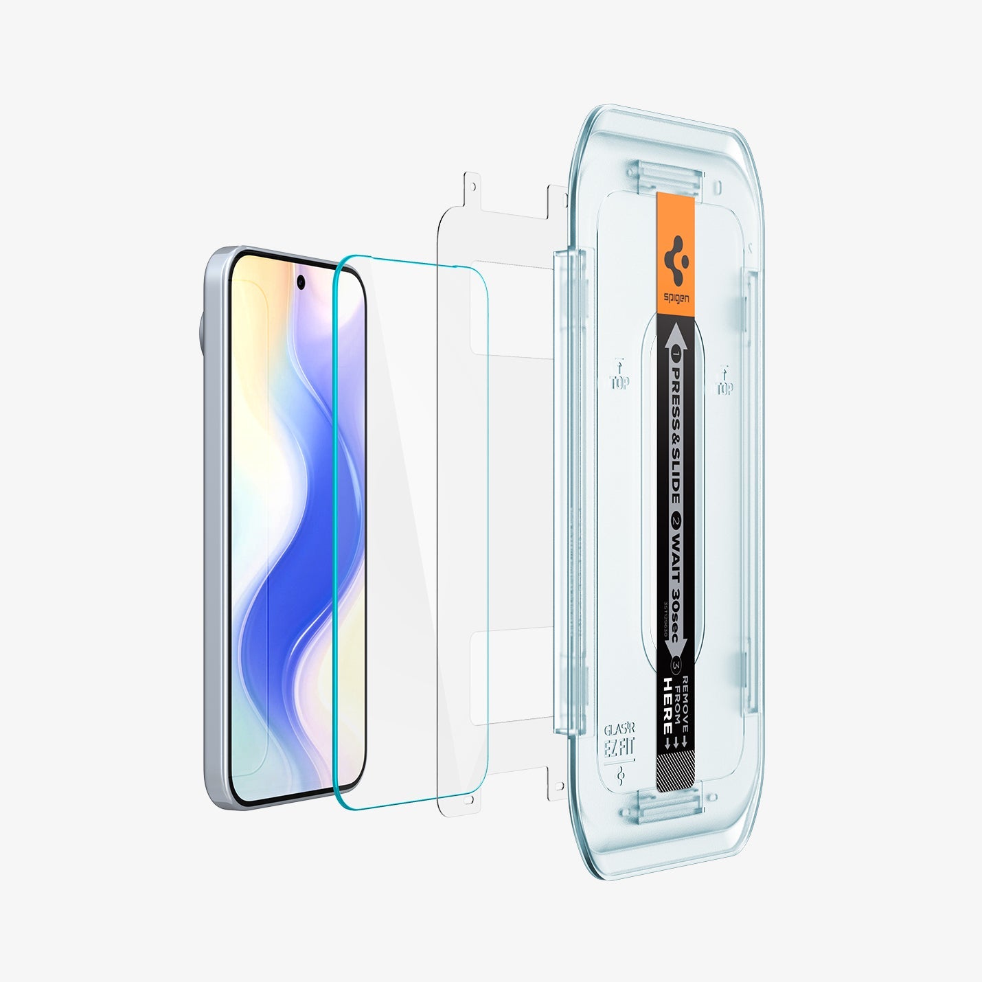 AGL08445 - GajPXL GLAS.tR EZ Fit Screen Protector showing the device with screen protector and ez fit tray hovering in front