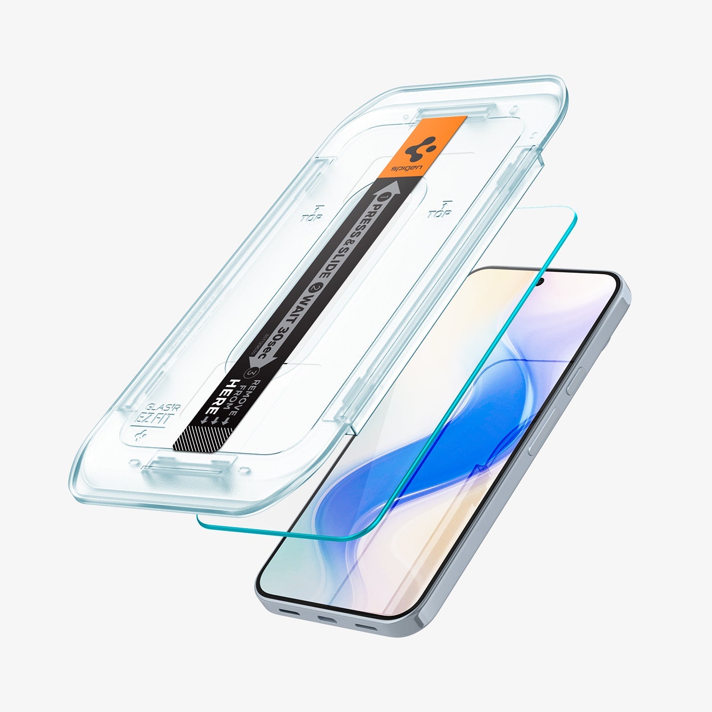 AGL08445 - GajPXL GLAS.tR EZ Fit Screen Protector showing the device with screen protector and ez fit tray hovering in front