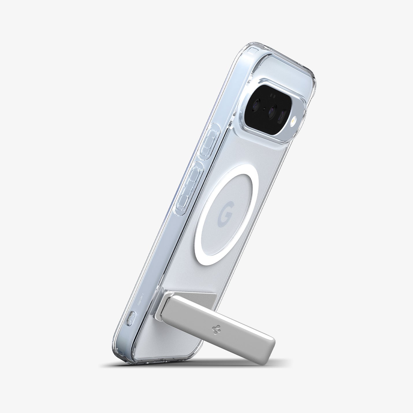 ACS09716 - Pixel 10 / 10 Pro Case Slim Armor Essential S (MagFit) in crystal clear showing the back and side with device propped up by built in kickstand
