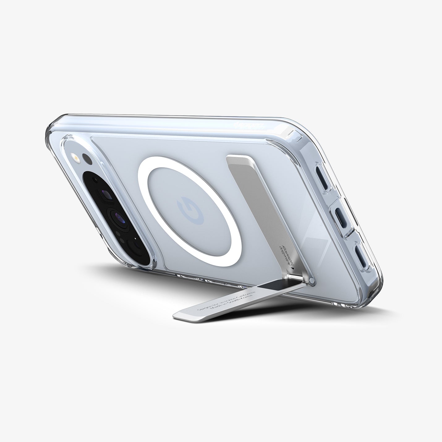 ACS09716 - Pixel 10 / 10 Pro Case Slim Armor Essential S (MagFit) in crystal clear showing the back and bottom with device propped up by built in kickstand
