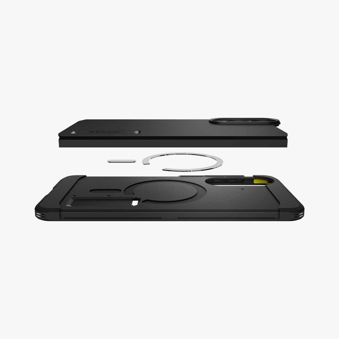 ACS09422 - Galaxy S25 Edge Case Tough Armor AI (MagFit) in Black showing the back layer hovering above the detached magnet ring and the first layer of the case