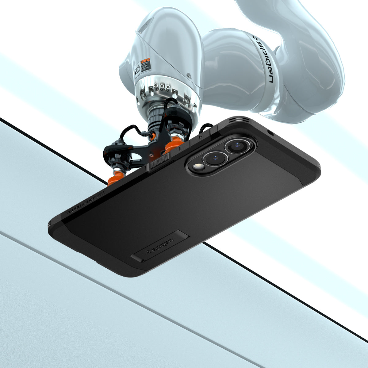 ACS09422 - Galaxy S25 Edge Case Tough Armor AI (MagFit) in Black showing the back, partial side and top while robot's arm attached at the front of the device