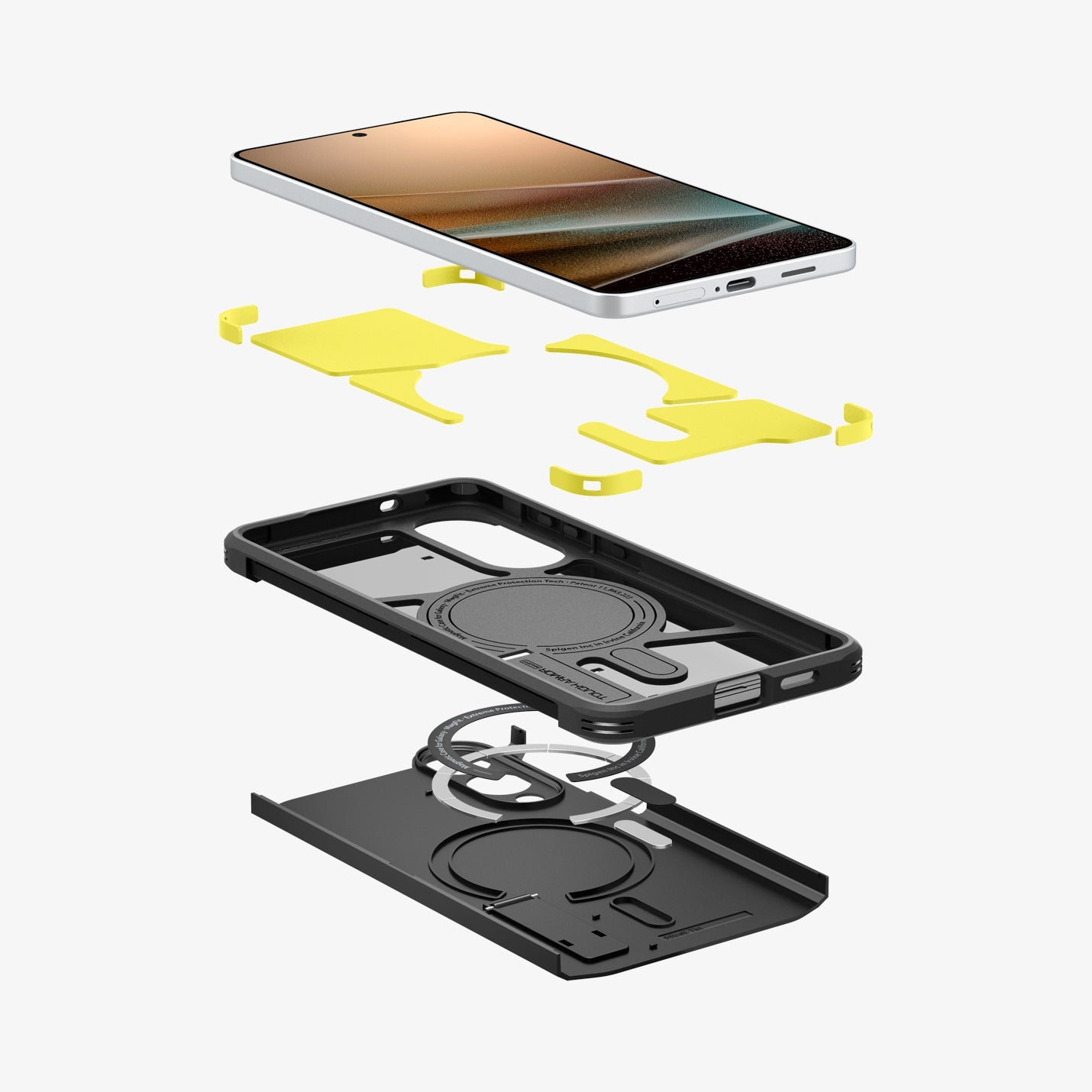 ACS09422 - Galaxy S25 Edge Case Tough Armor AI (MagFit) in Black showing the device hovering above the detached impact foam, tpu frame, magnet ring and back layer of the case