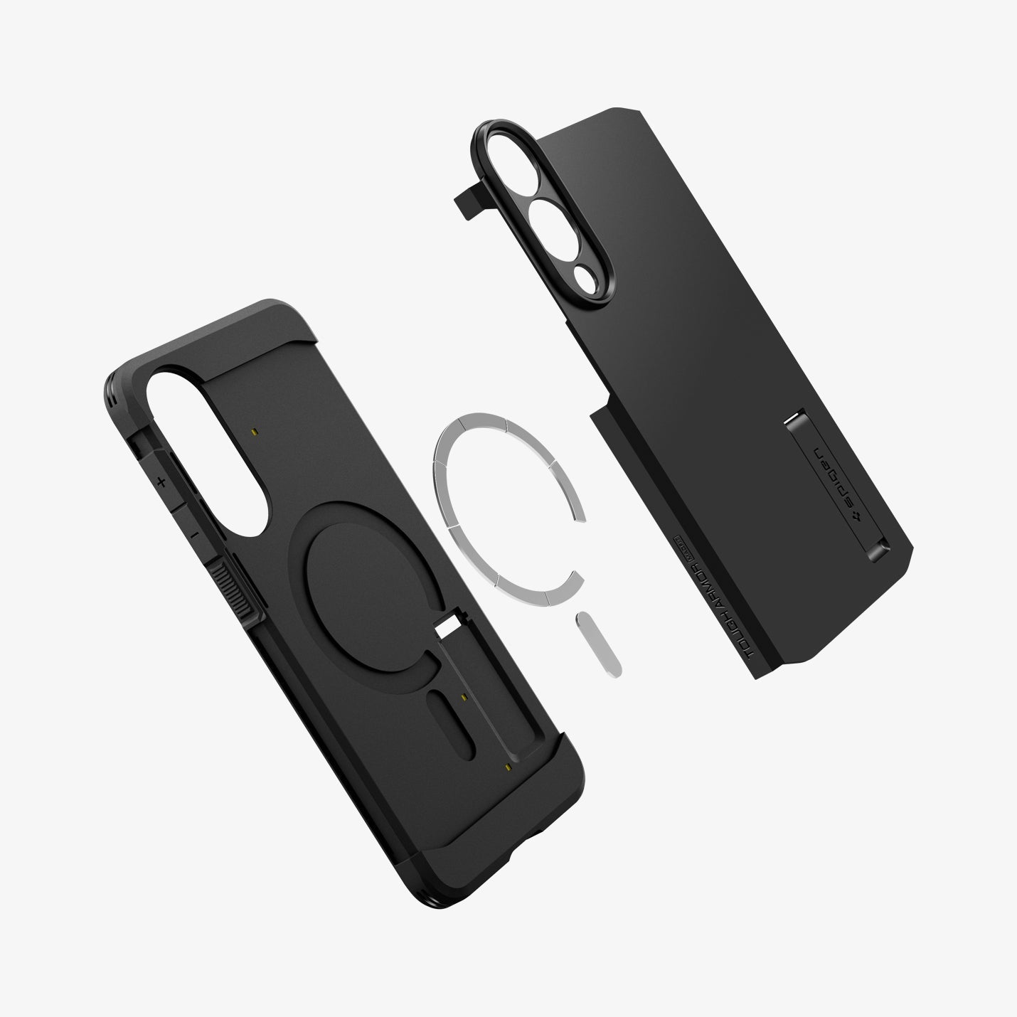 ACS09422 - Galaxy S25 Edge Case Tough Armor AI (MagFit) in Black showing the back layer, hovering above the detached magnet ring and first layer of the case