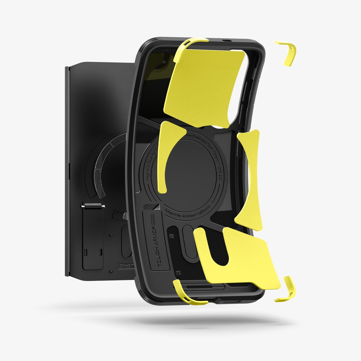 ACS09422 - Galaxy S25 Edge Case Tough Armor AI (MagFit) in Black showing the detached impact foam while hovering in front of the first layer case, magnet ring and the back layer of the case
