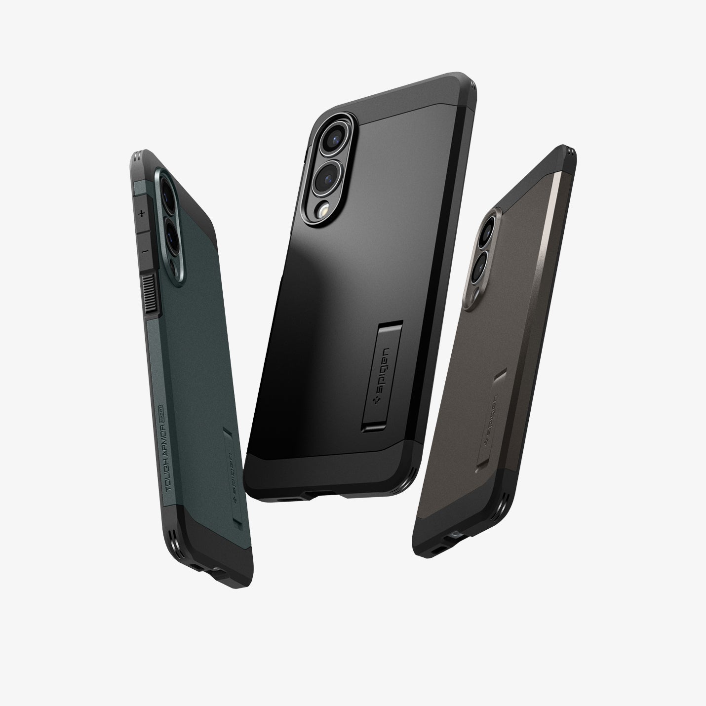 ACS09422 - Galaxy S25 Edge Case Tough Armor AI (MagFit) in Black showing the back, partial sides and bottom of 3 cases in different shades