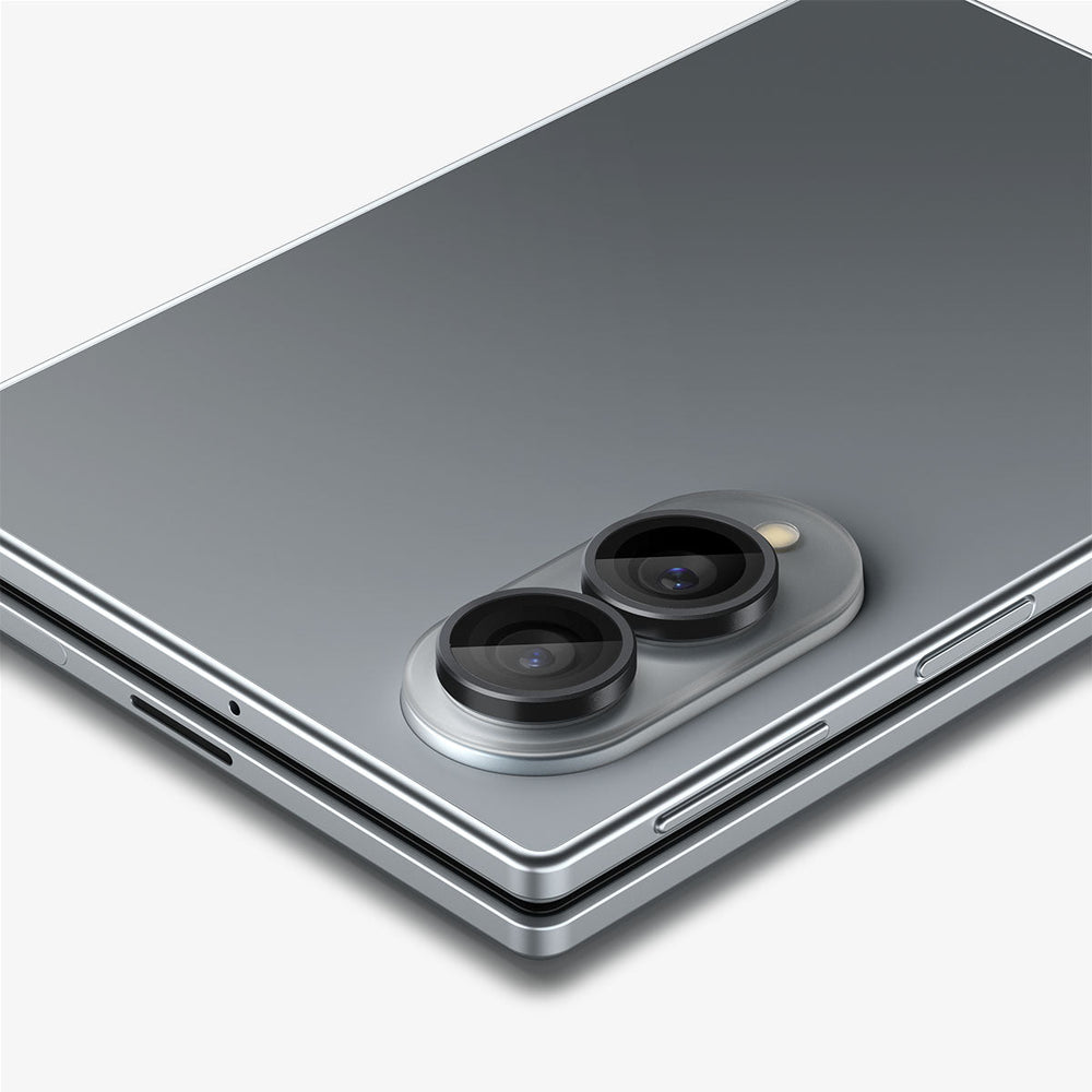 AGL11761 - Galaxy Z Fold 8 Optik Pro EZ Fit showing a close-up angled view of the Galaxy Z Fold 8's dual camera lenses with the Optik Pro EZ Fit protector installed.