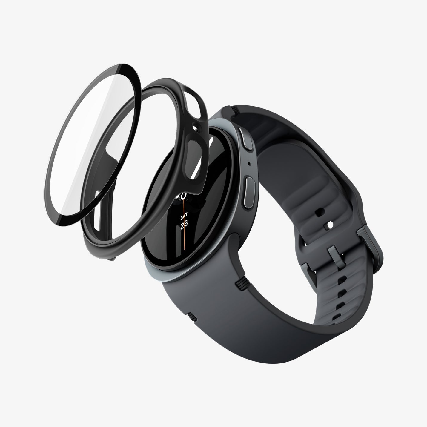 ACS11597 - Galaxy Watch 9 (40mm) Thin Fit 360 showing the case, screen protector, and band separated in an exploded view