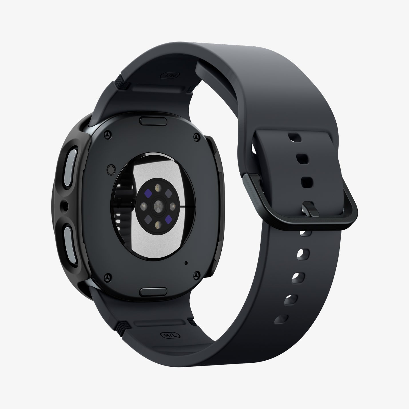 ACS11597 - Galaxy Watch 9 (40mm) Thin Fit 360 showing the case's rear view with camera cutout and black band on the smartwatch