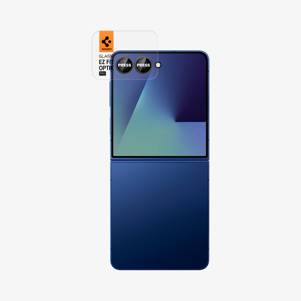 AGL09584 - Galaxy Z Flip 8 Series - Optik Pro EZ Fit showing a top-down view of the Galaxy Z Flip 8 folded, with the Optik Pro EZ Fit lens protector and 