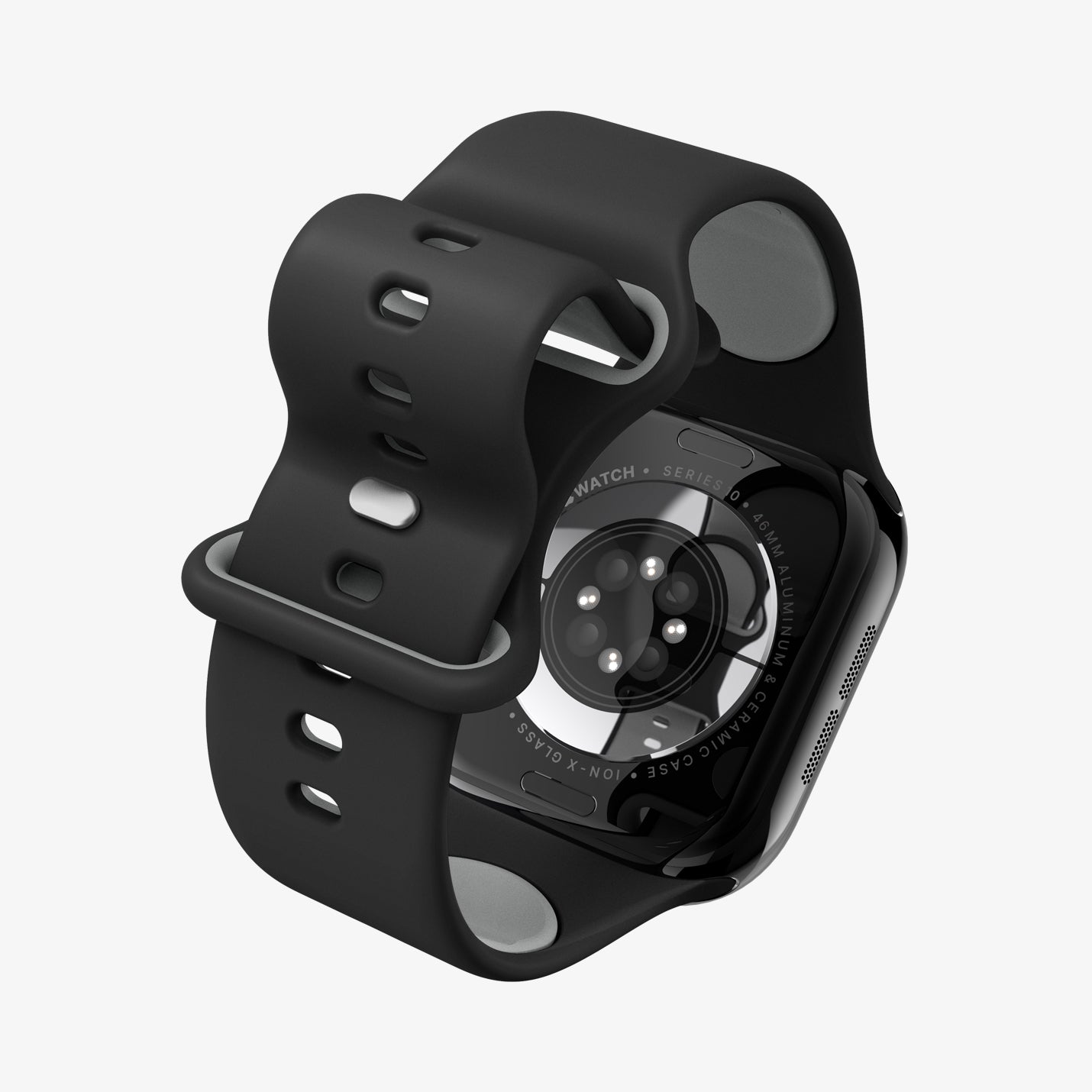 AMP09321 - Apple Watch Series - Nano Pop 46mm in Black Sesame showing the back bottom, strap partially curled up, back of the watch face and partial inner