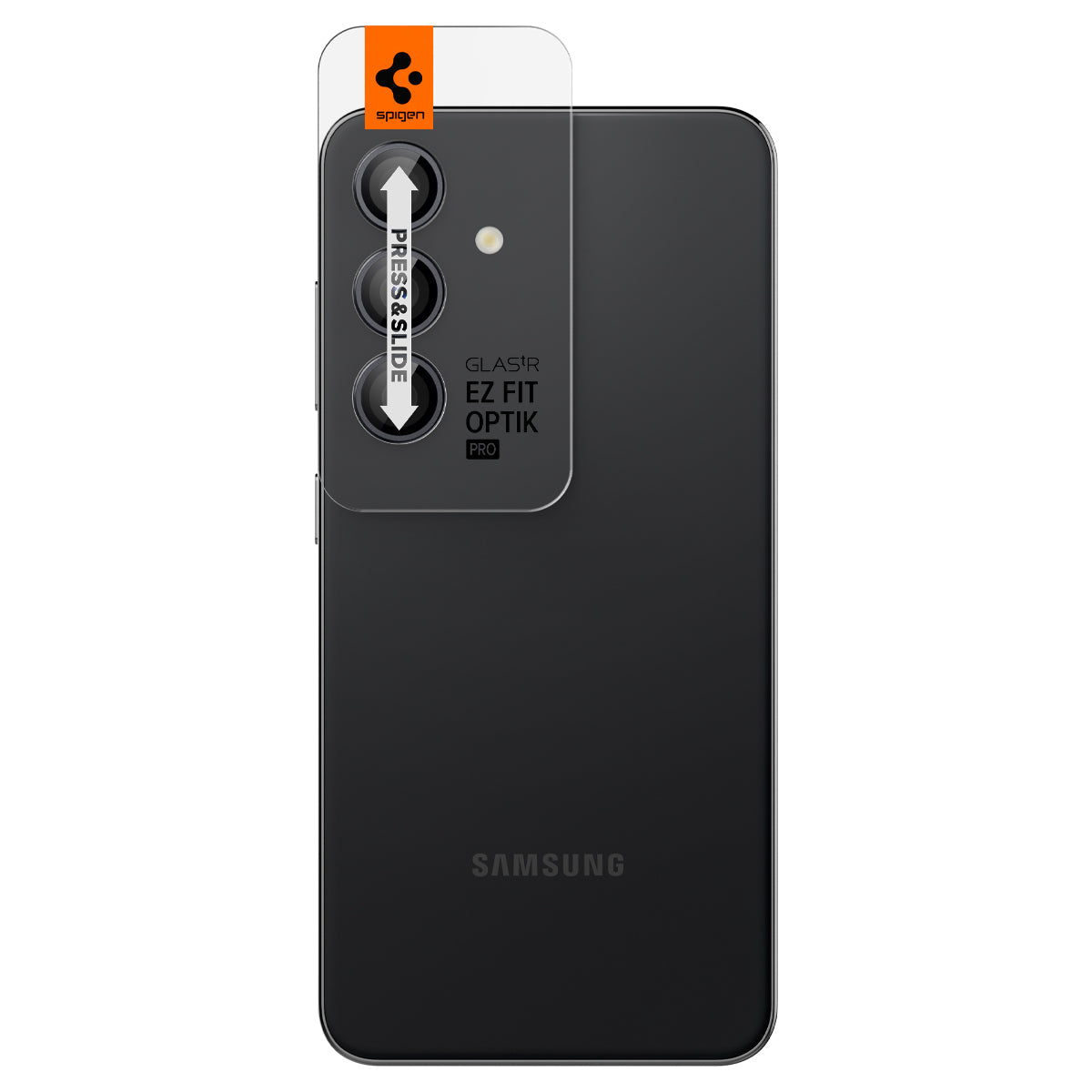 AGL07434 - Galaxy S24 Plus Optik Pro EZ Fit Lens Protector in Gray showing the back with camera lens tray protector attached to the device