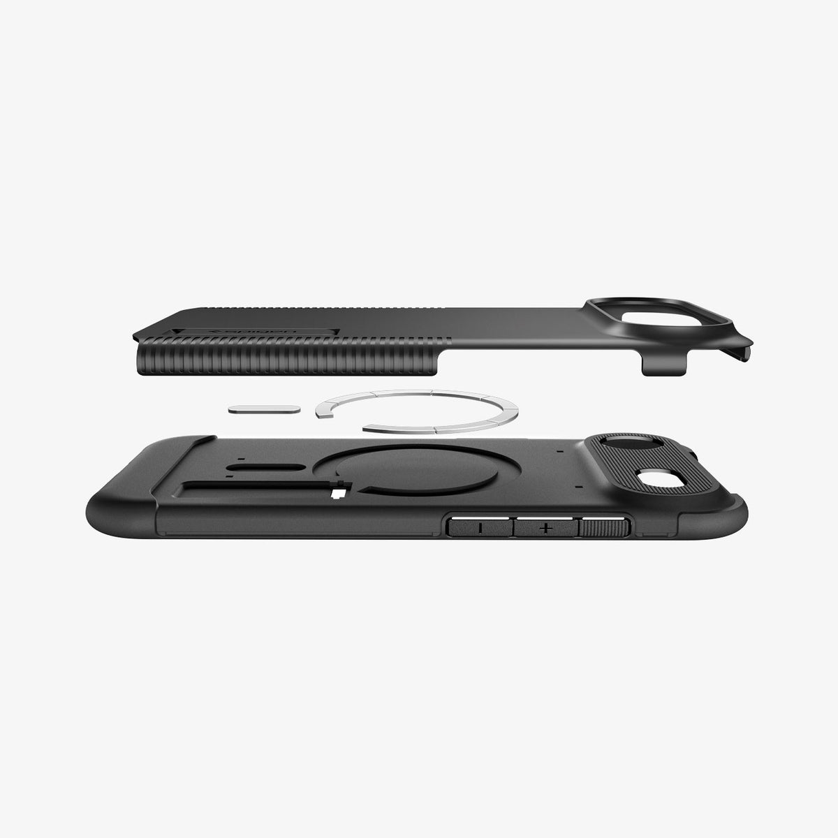 ACS09620 - iPhone 17 Air Slim Armor (MagFit) in Black showing the back cover hovering above detached metal ring plate and the back of the case