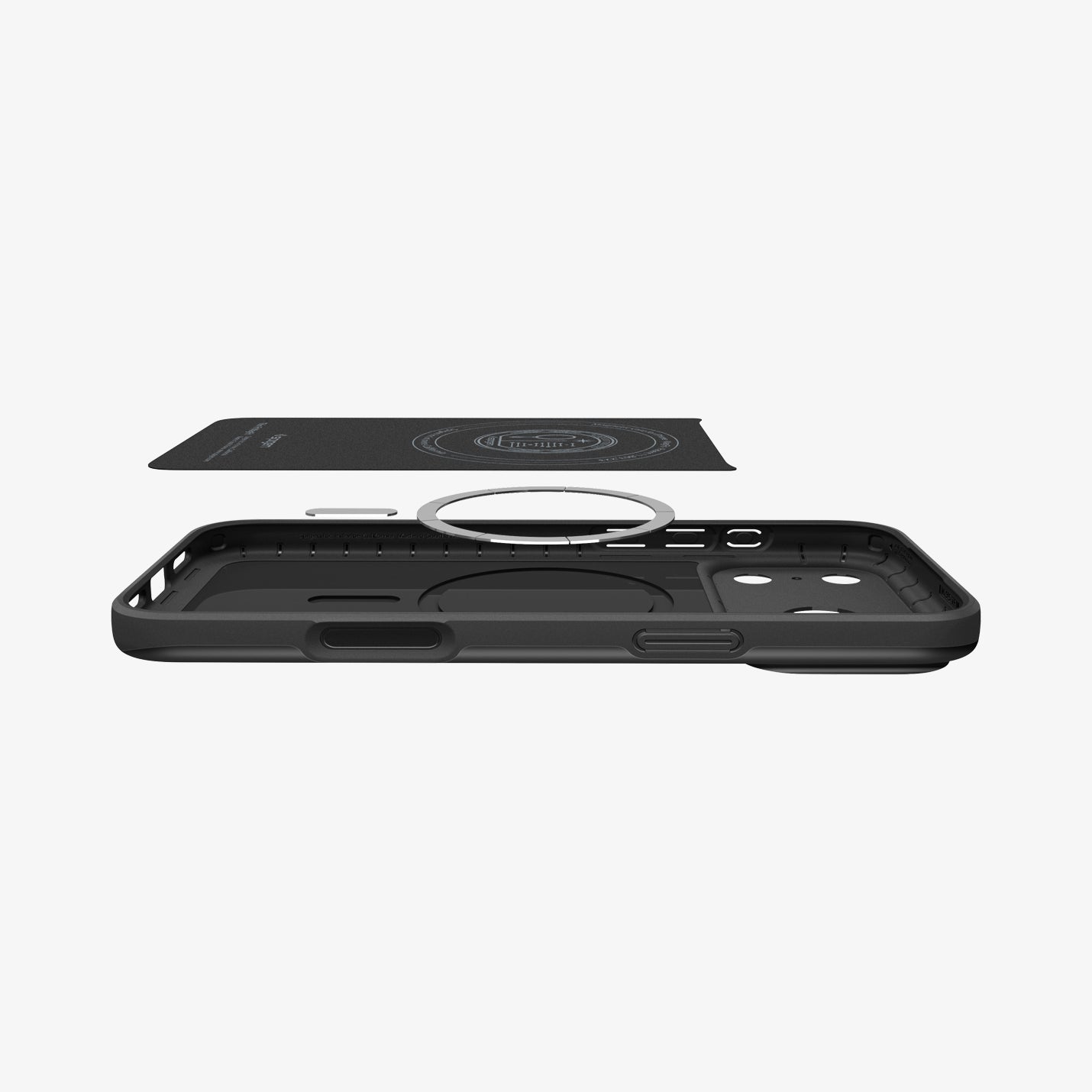 ACS09879 - iPhone 17 Pro Max Thin Fit (MagFit) in black showing the inner layer hovering above the detached magnet ring plate and the case