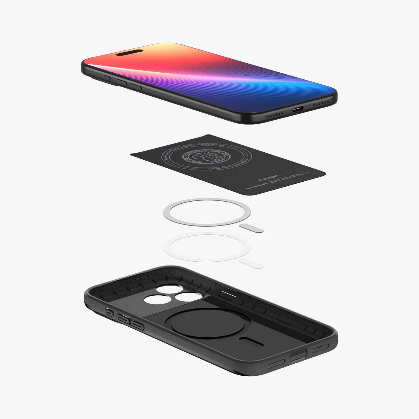 ACS09879 - iPhone 17 Pro Max Thin Fit (MagFit) in black showing the device hovering above the detached inner layer, metal ring plate and the case