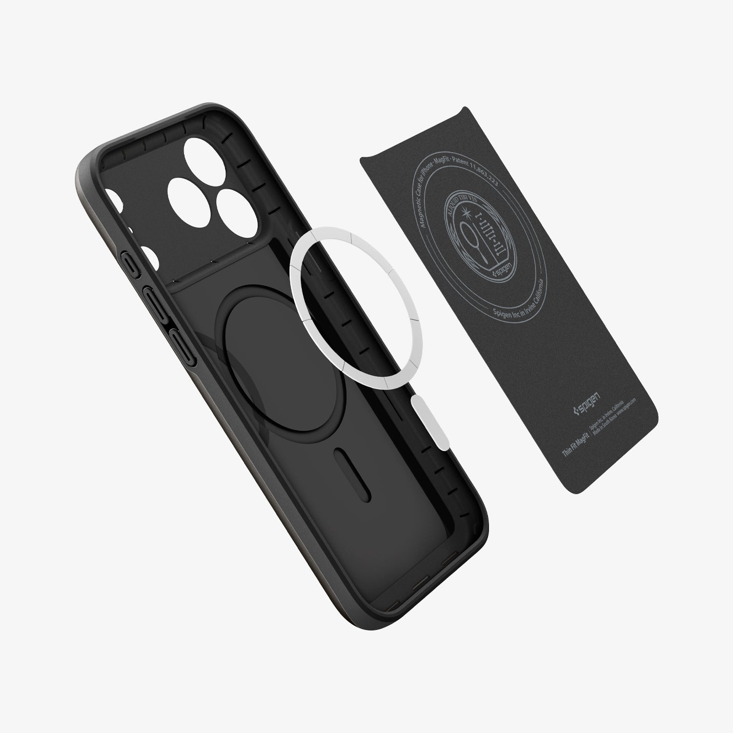 ACS09879 - iPhone 17 Pro Max Thin Fit (MagFit) in black showing the inner layer hovering from detached magnet ring plate and the case