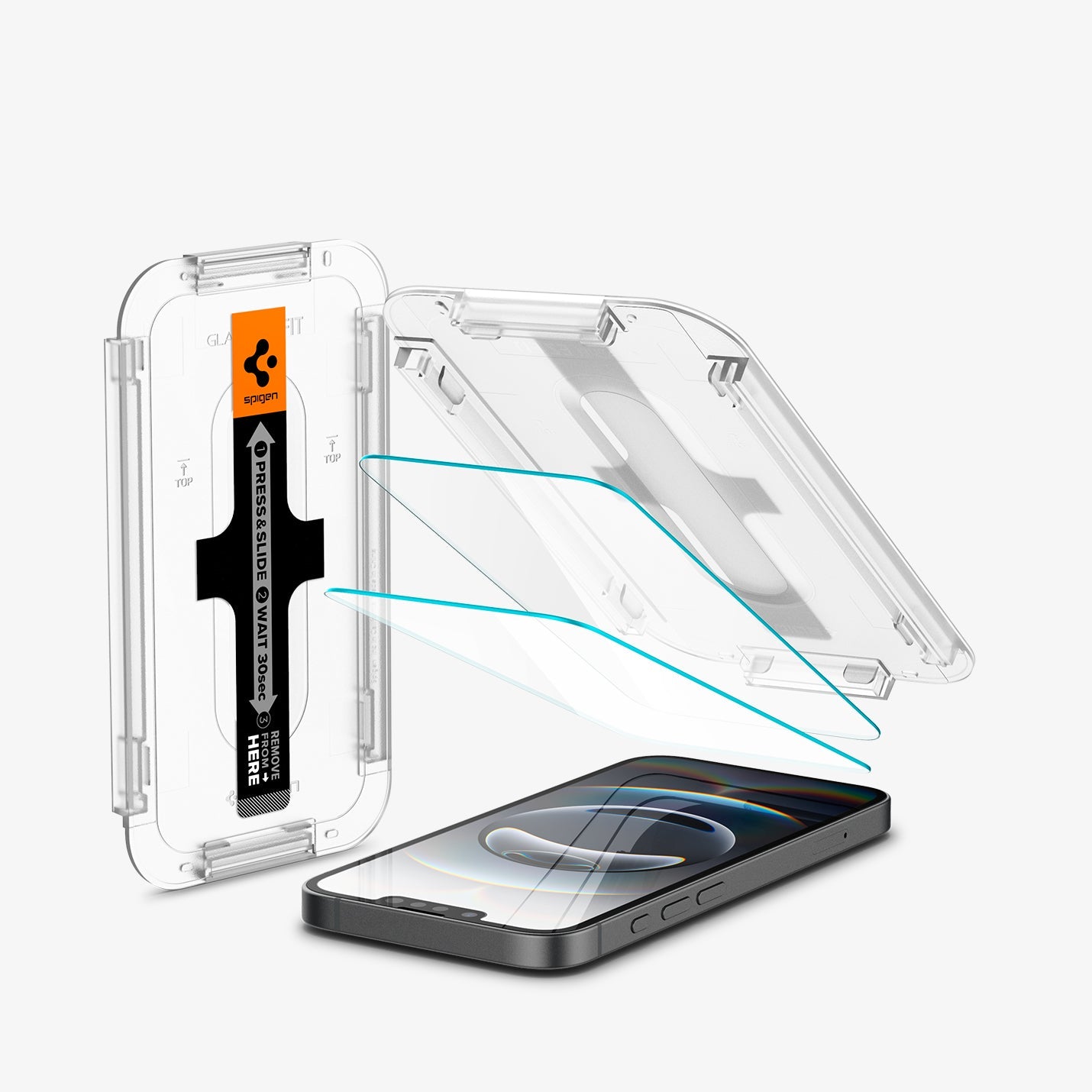 AGL03386 - iPhone 16e Screen Protector EZ FIT GLAS.tR (Sensor Protection) showing the device, two screen protectors, and ez fit tray