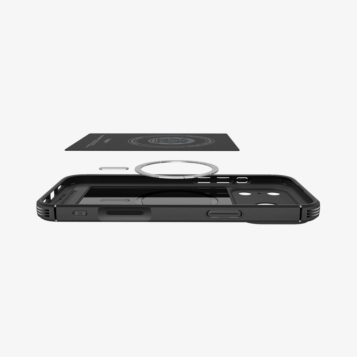 ACS09596 - iPhone 17 Pro Max Core Armor (MagFit) in Matte Black showing the back cover hovering above detached metal ring plate and the back of the case