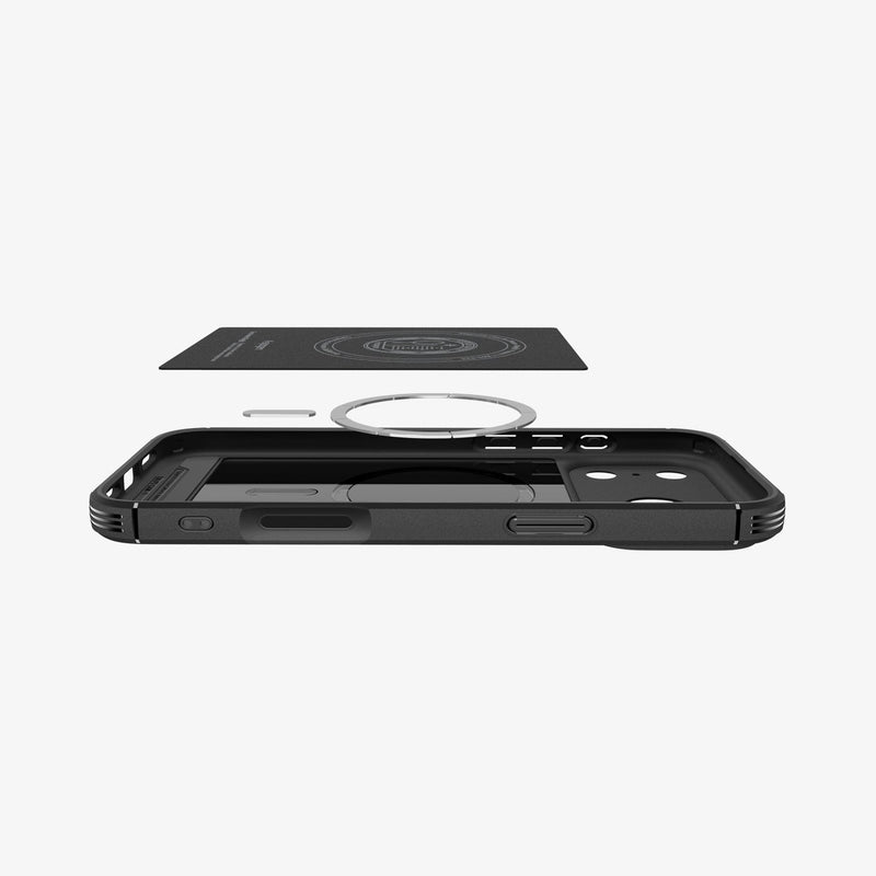 ACS09596 - iPhone 17 Pro Max Core Armor (MagFit) in Matte Black showing the back cover hovering above detached metal ring plate and the back of the case