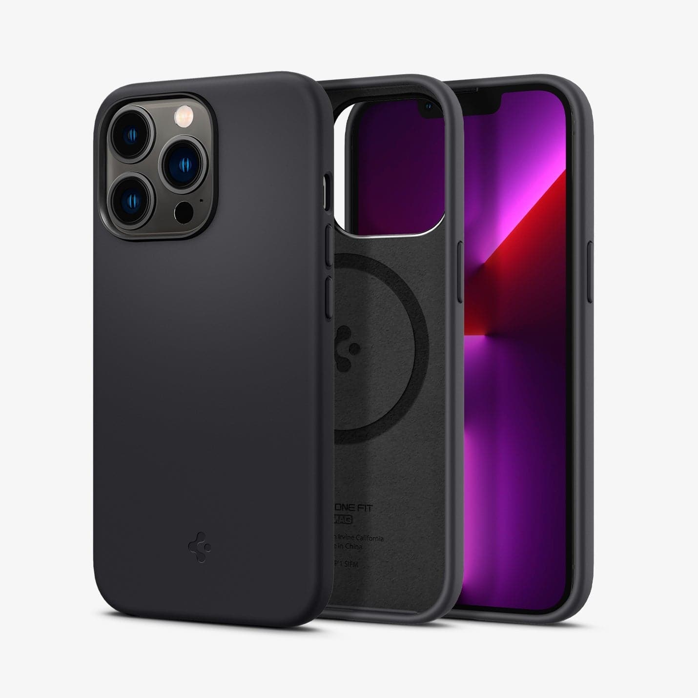 ACS04087 - iPhone 13 Pro Case Silicone Fit Mag (Mag Fit) in black showing the back, inside and front