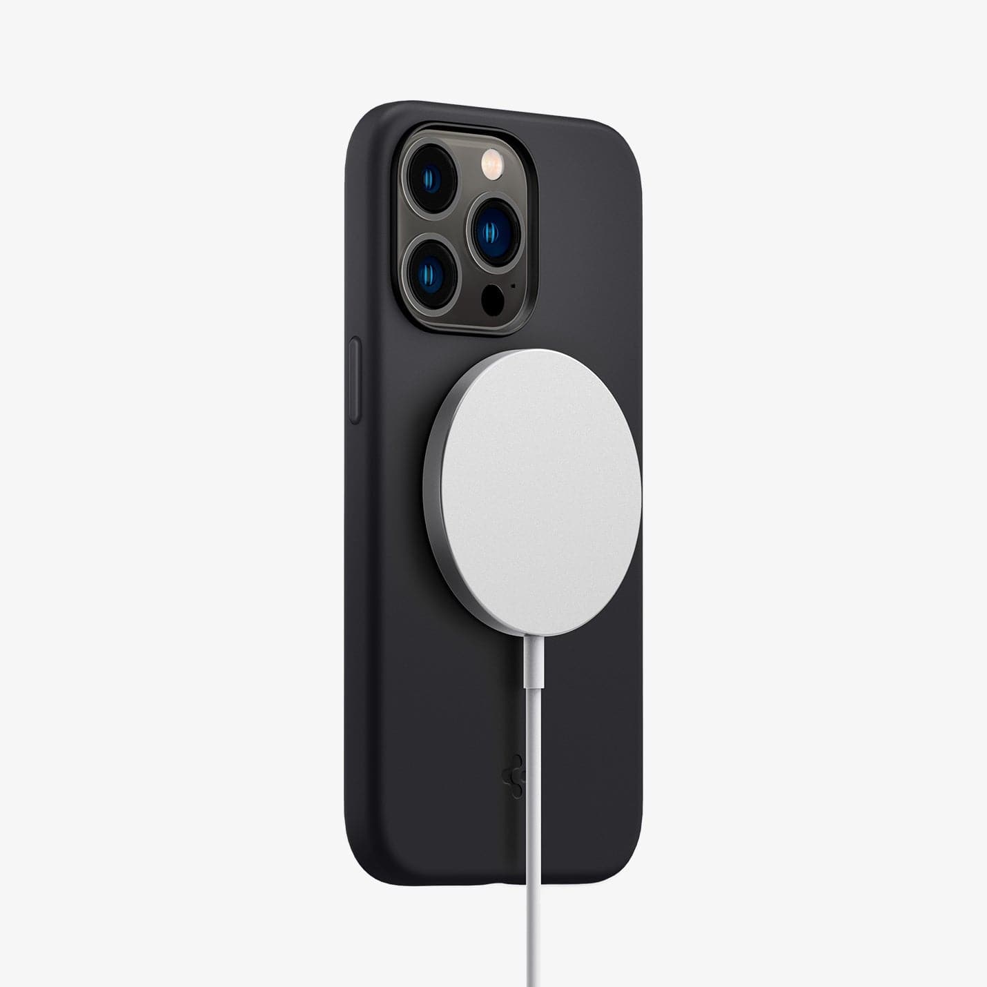 ACS04087 - iPhone 13 Pro Case Silicone Fit Mag (Mag Fit) in black showing the back and partial side with mag charger connected