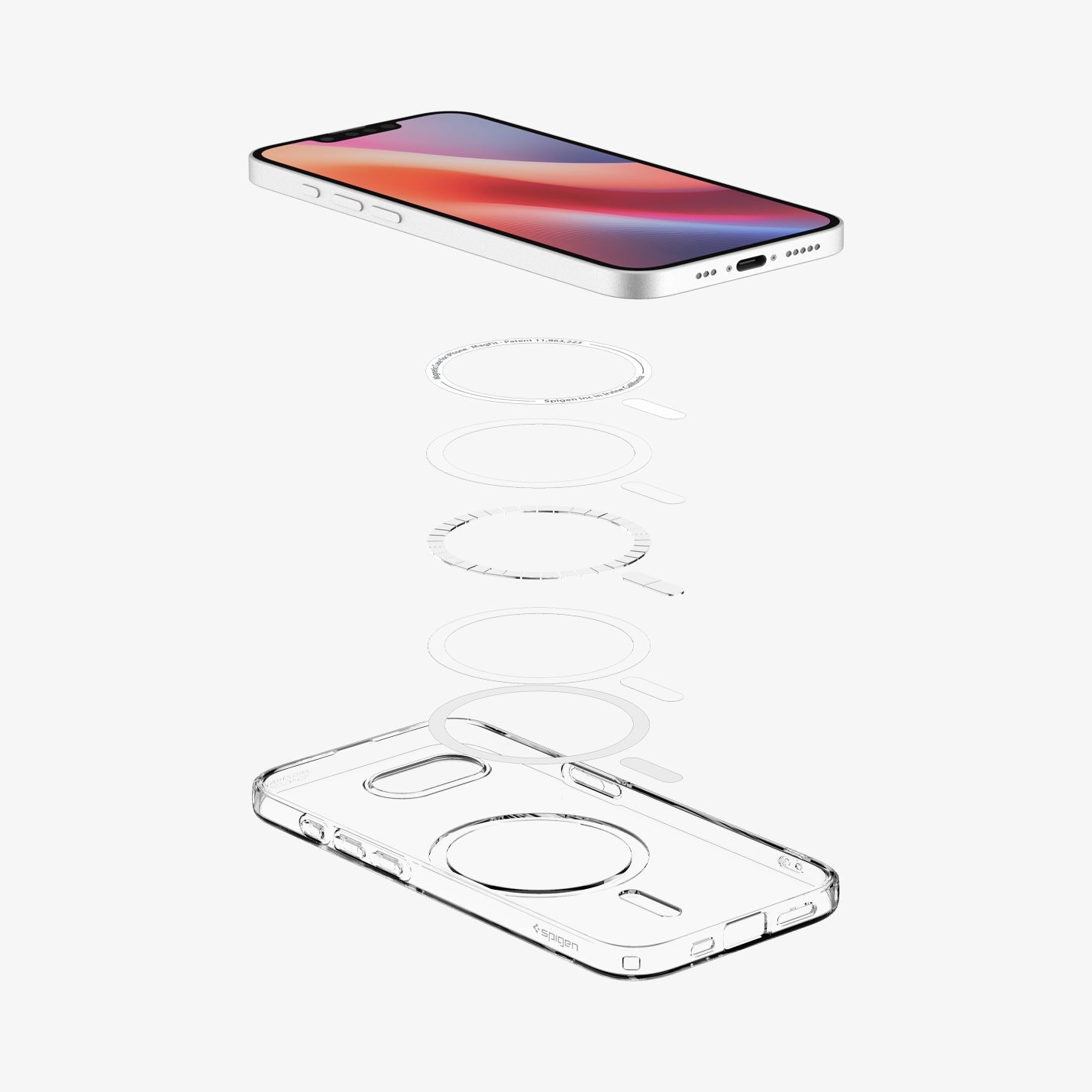ACS09127 - iPhone 17e Case Crystal Flex (MagFit) in Clear White showing the device hovering above the detached magsafe ring parts and the case