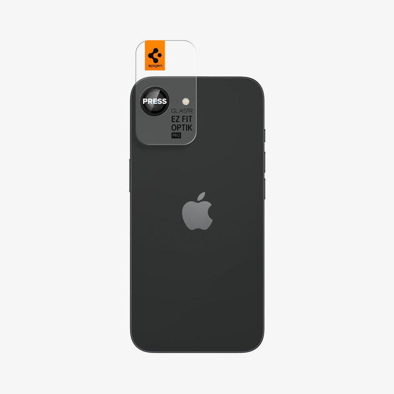 AGL09279 - iPhone 16e Optik Pro EZ Fit Lens Protector in Black showing the back with installation tray attached to the camera lens