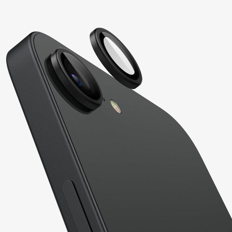 AGL09279 - iPhone 16e Optik Pro EZ Fit Lens Protector in Black showing partial back and sides device zoomed in